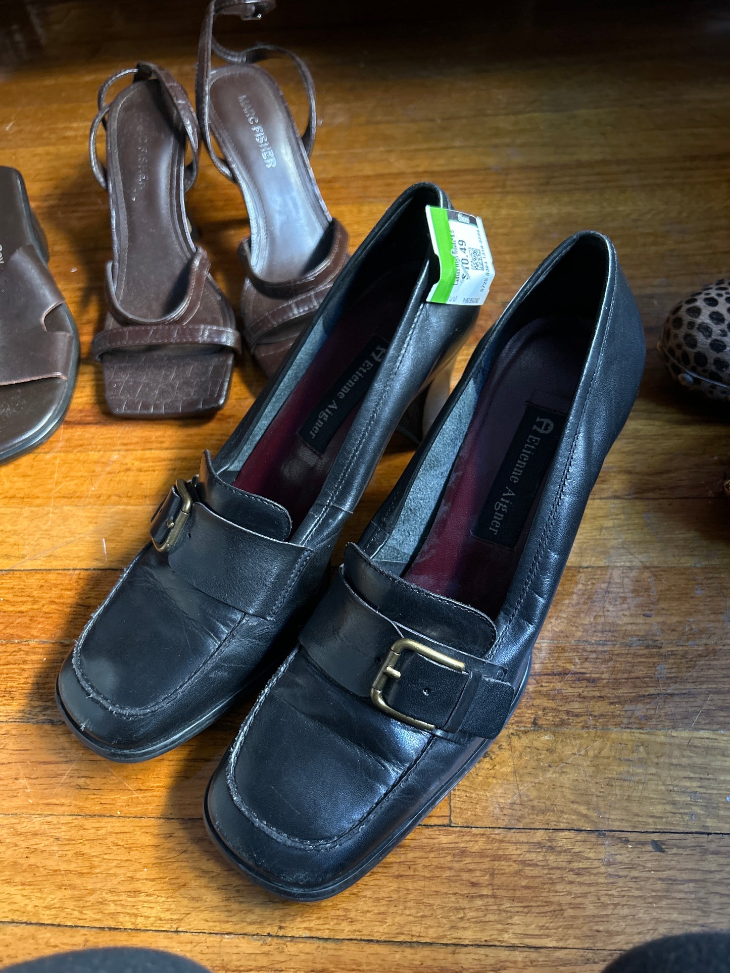 Etienne Aigner black leather heeled loafers