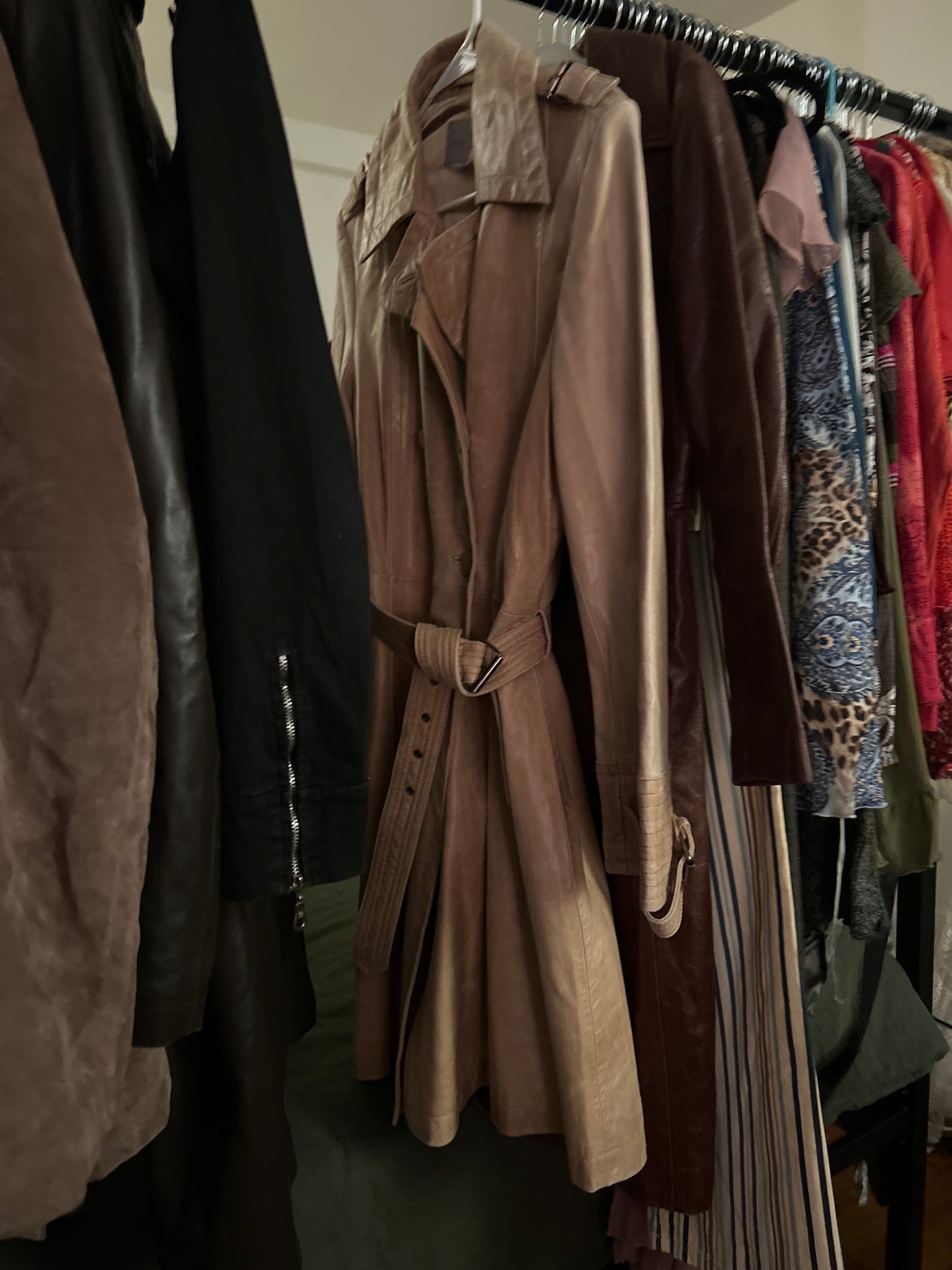 Tan leather trench coat