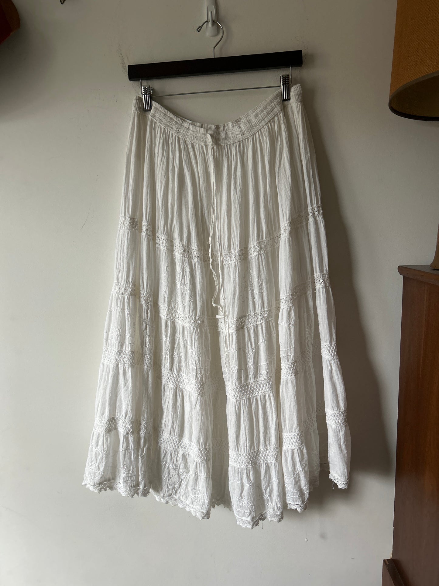 tiered white peasant skirt with lace details