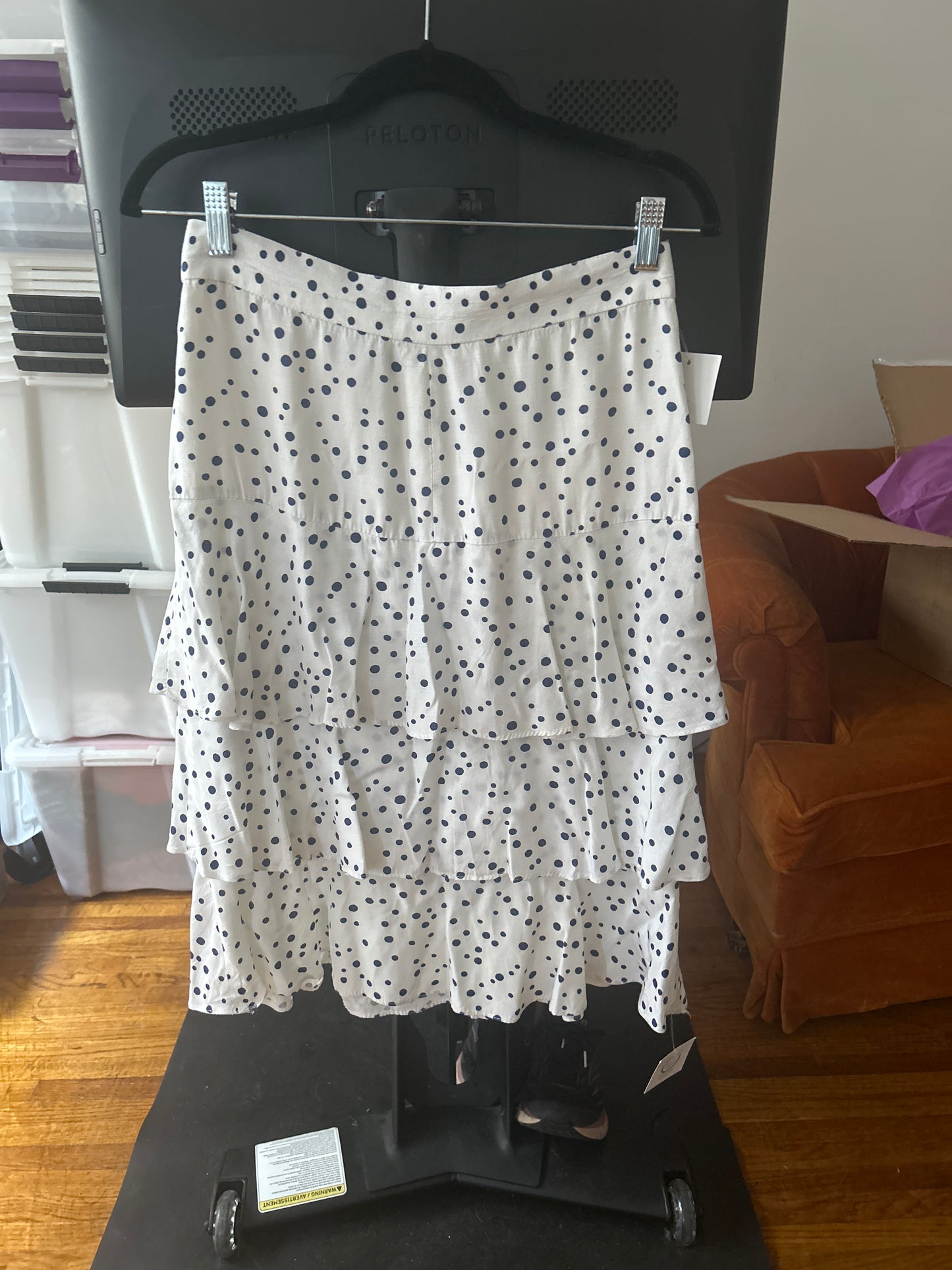 White tiered skirt blue polka dot