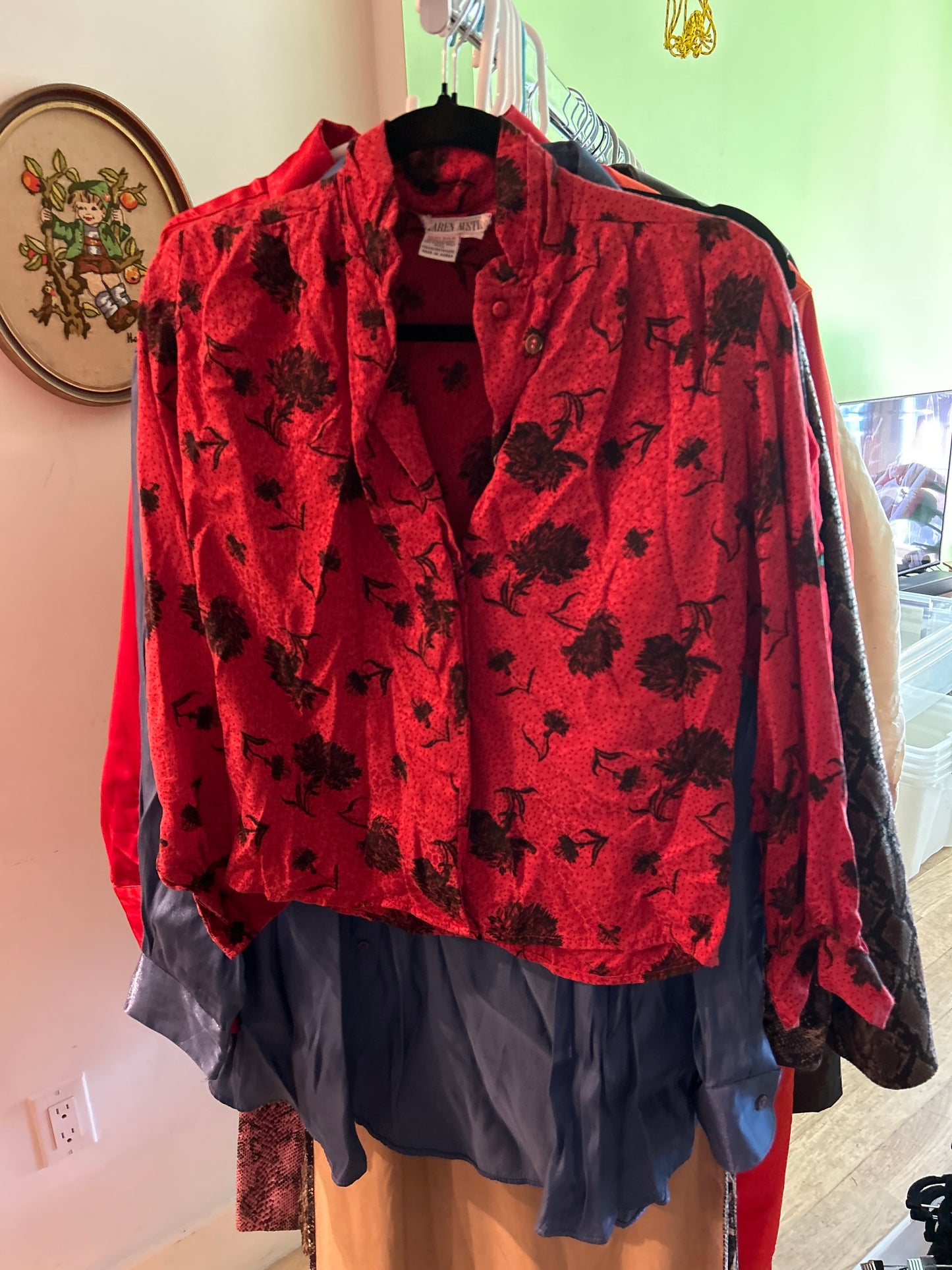 Silk black and red floral button up