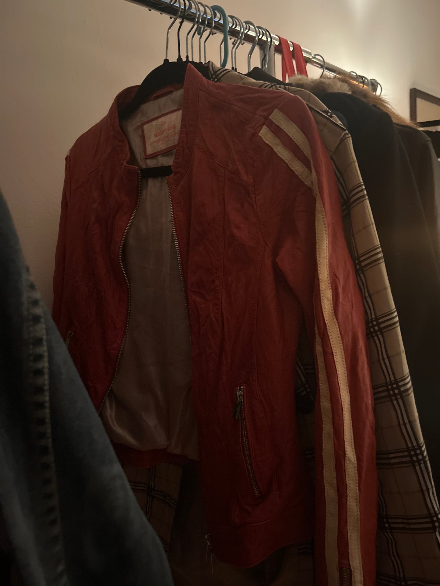 Red leather striped sleeve jacket