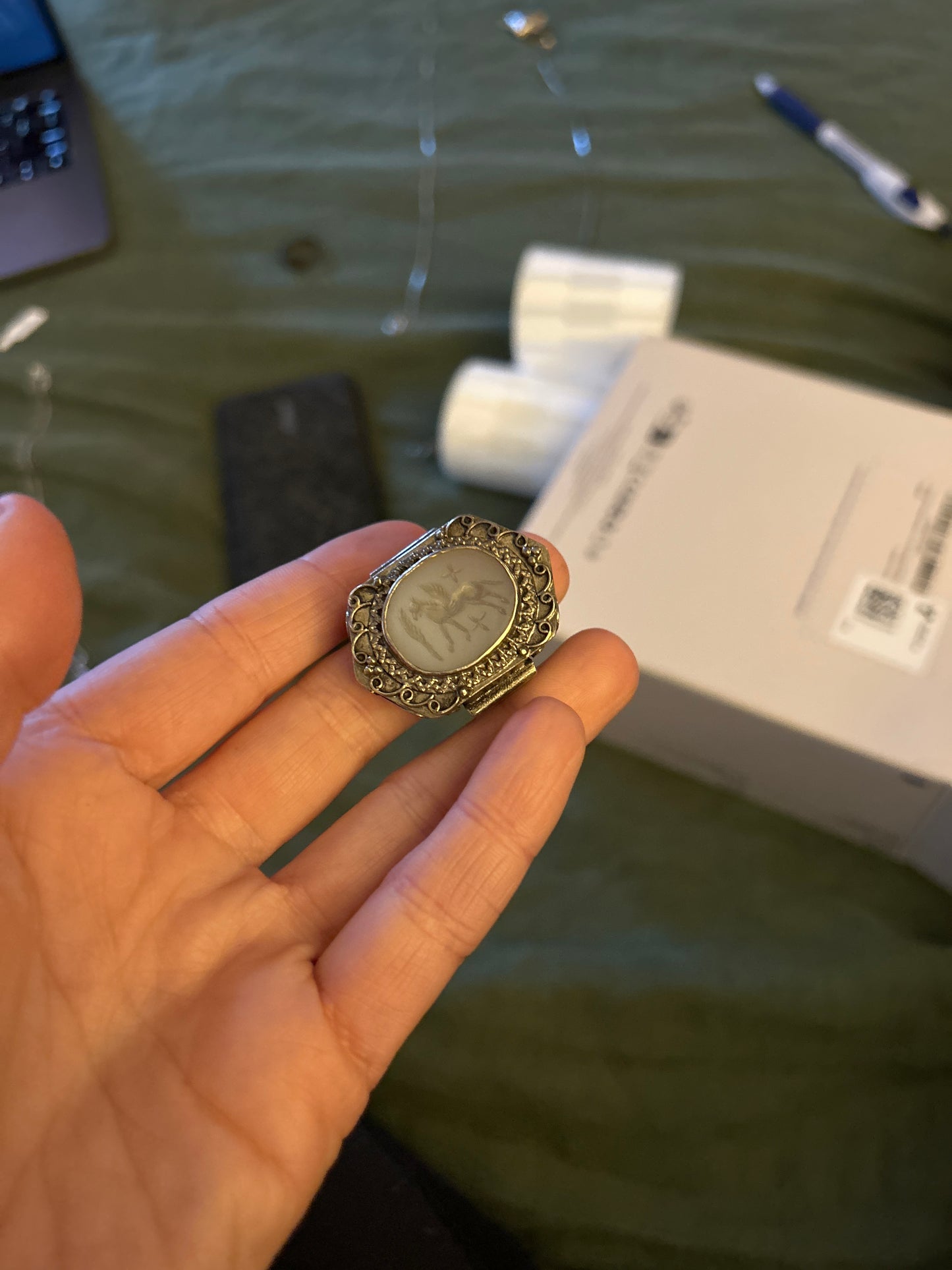 Silver "Pegasus Intaglio" Ring with Carnelian, 20th Century (16g, Size 13 US)