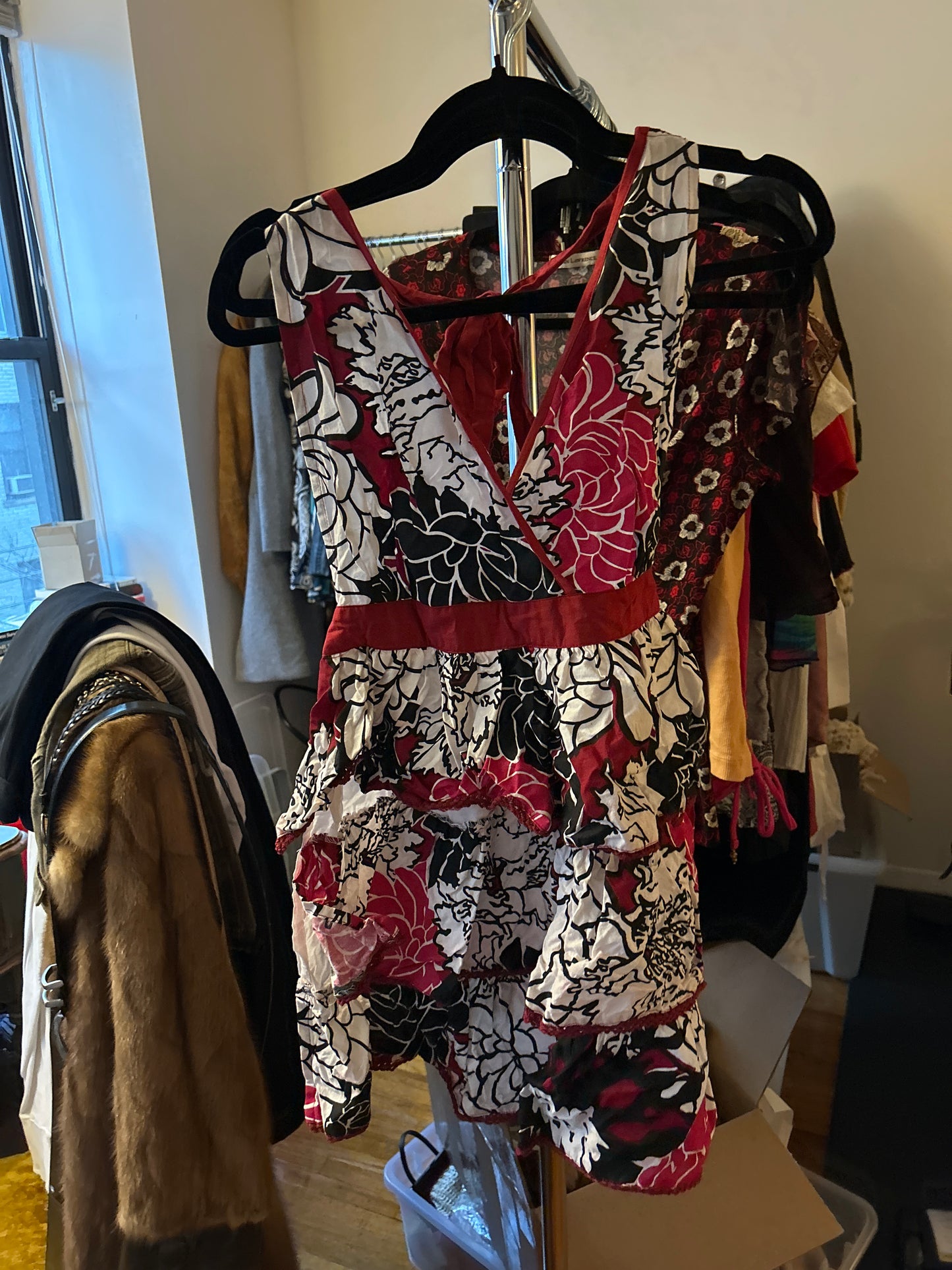 Red and black ruffled floral top