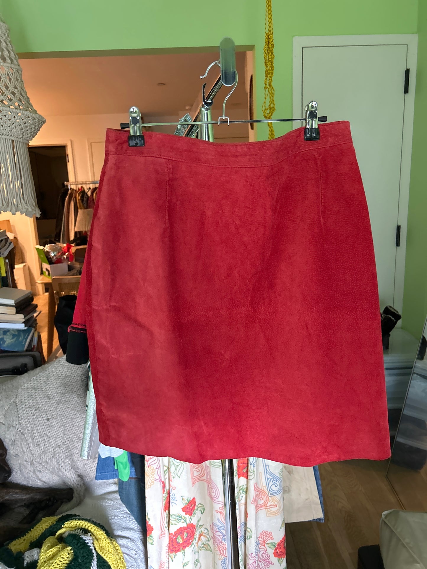 Red suede mini skirt