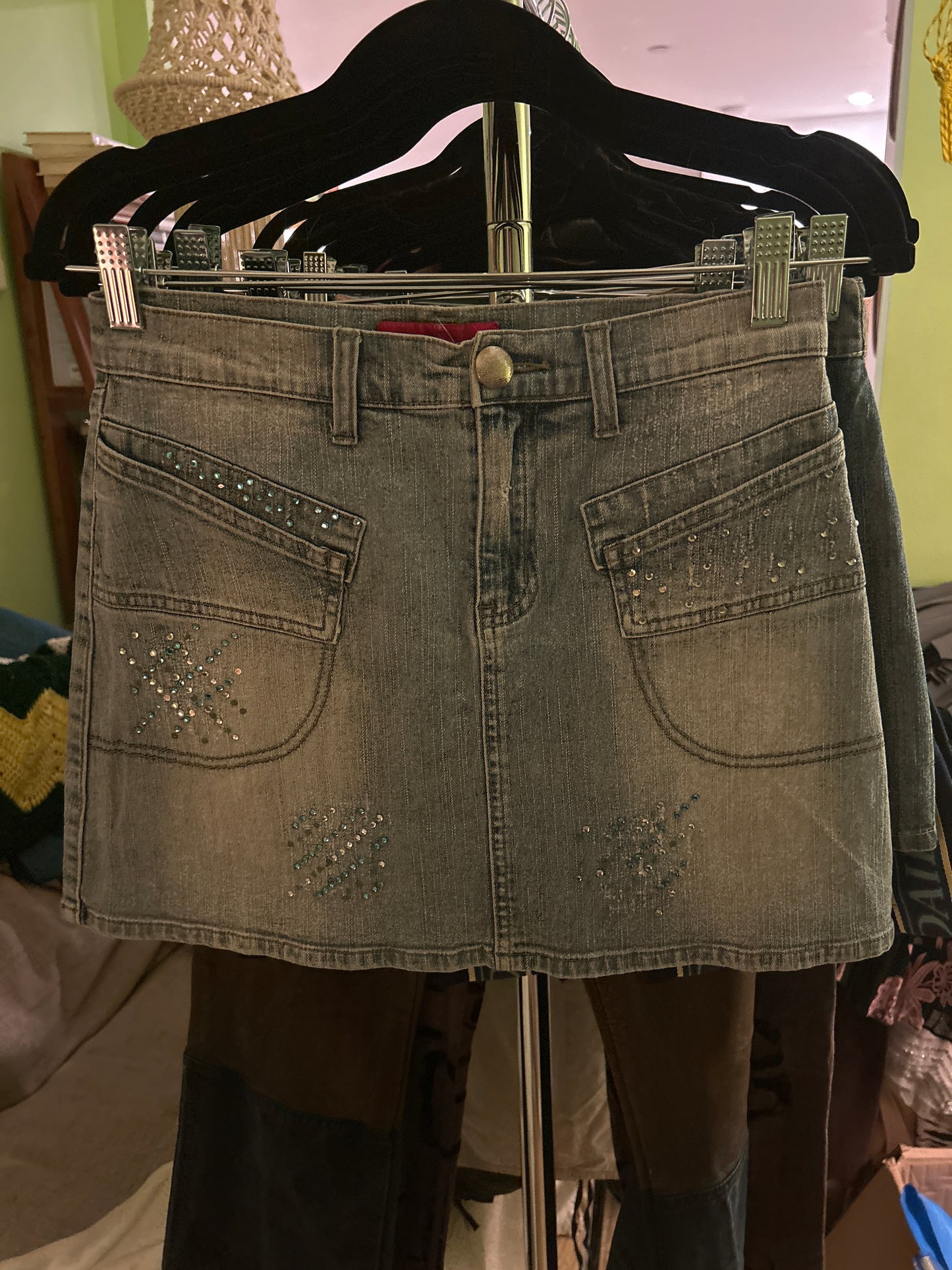 Light denim crystal mini skirt