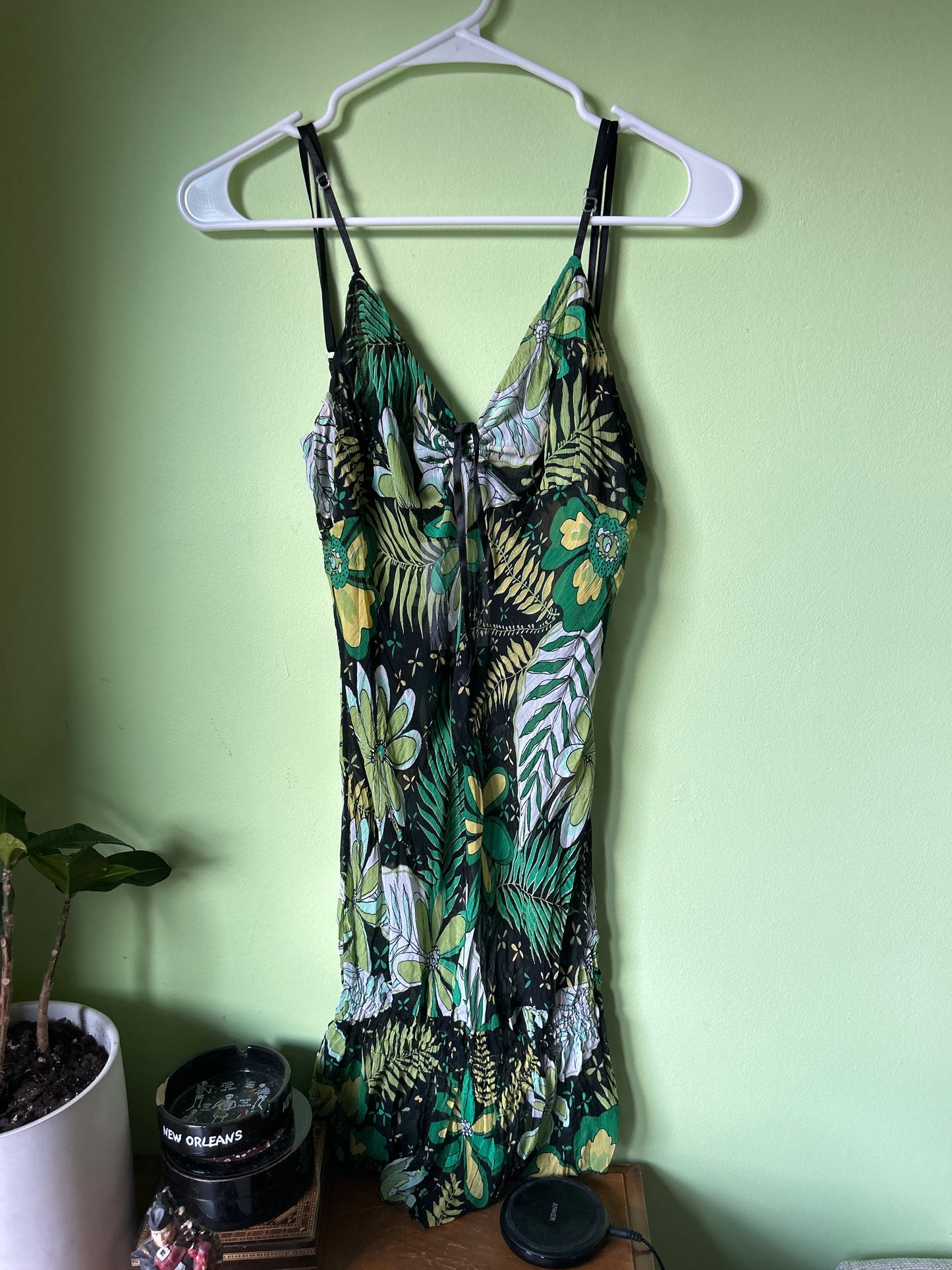 green and black floral slip
