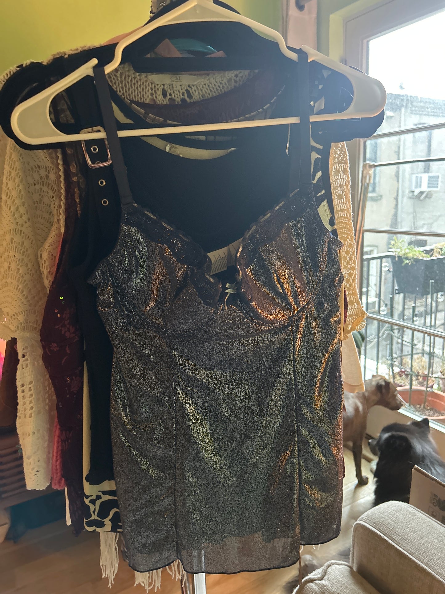 Silver sparkle tank with black lace