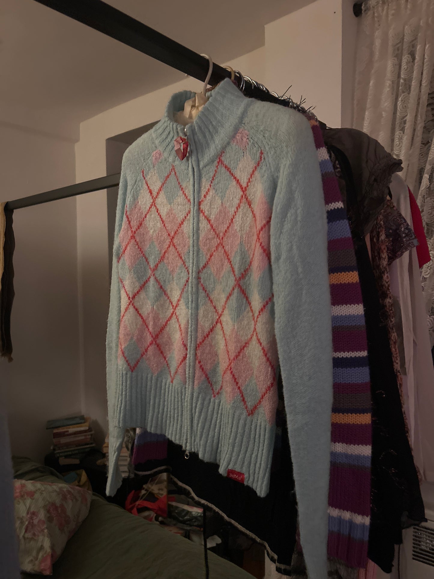 Wool blend argyle teal zip up