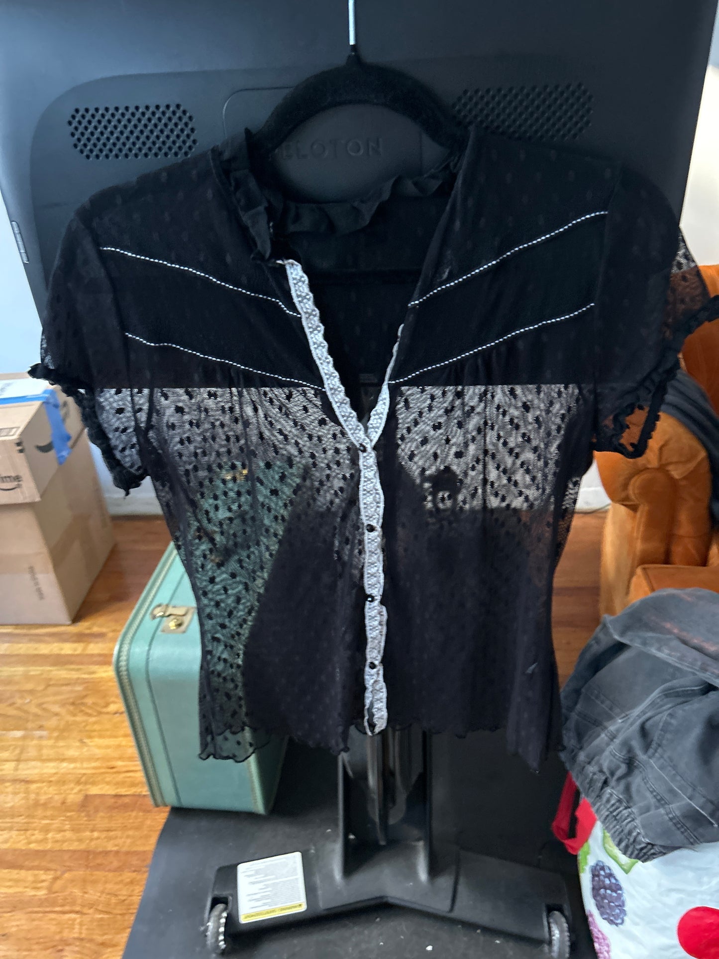 Sheer black polkadot button up top