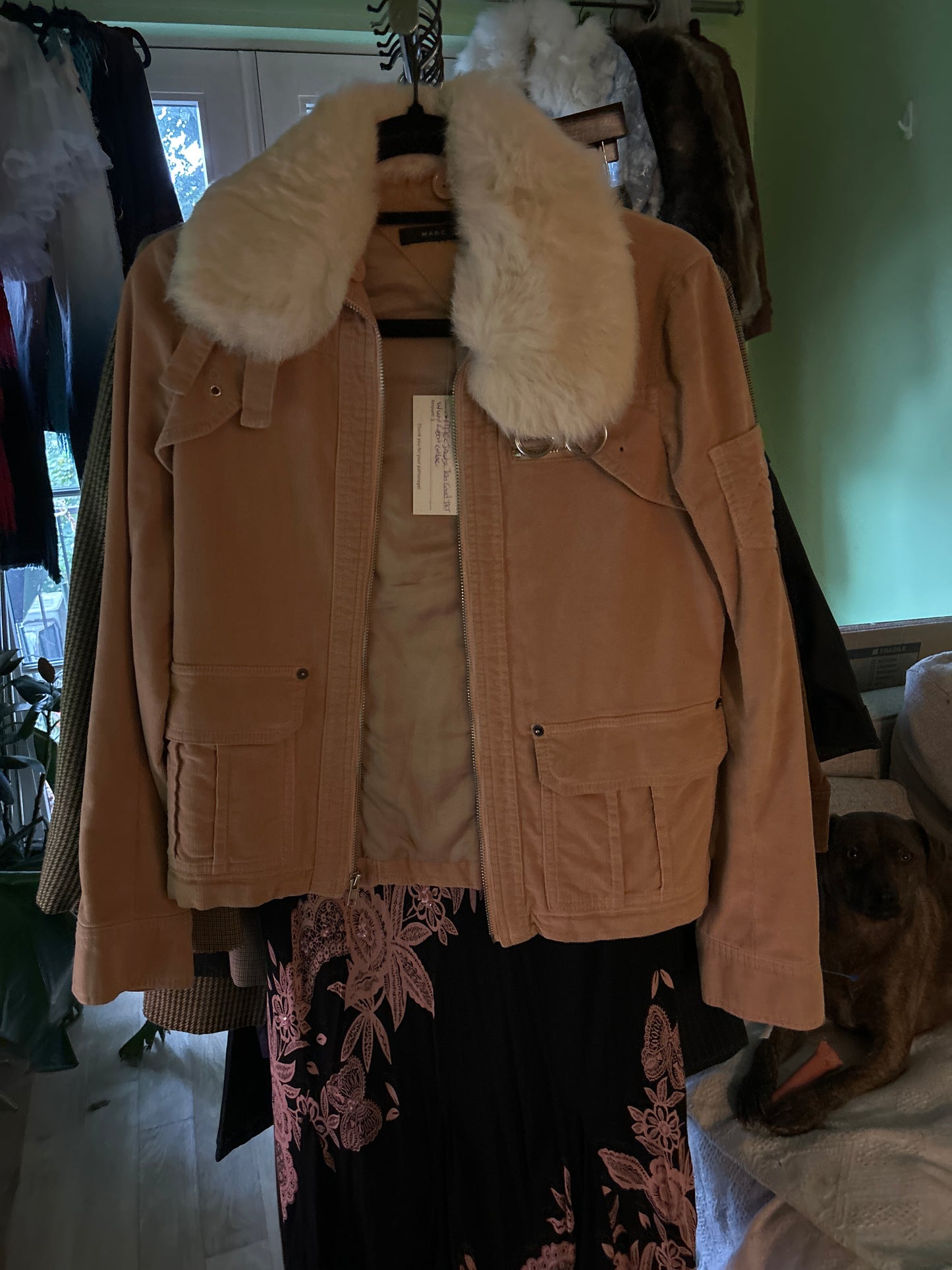 Marc Jacobs pink corduroy with white fur collar