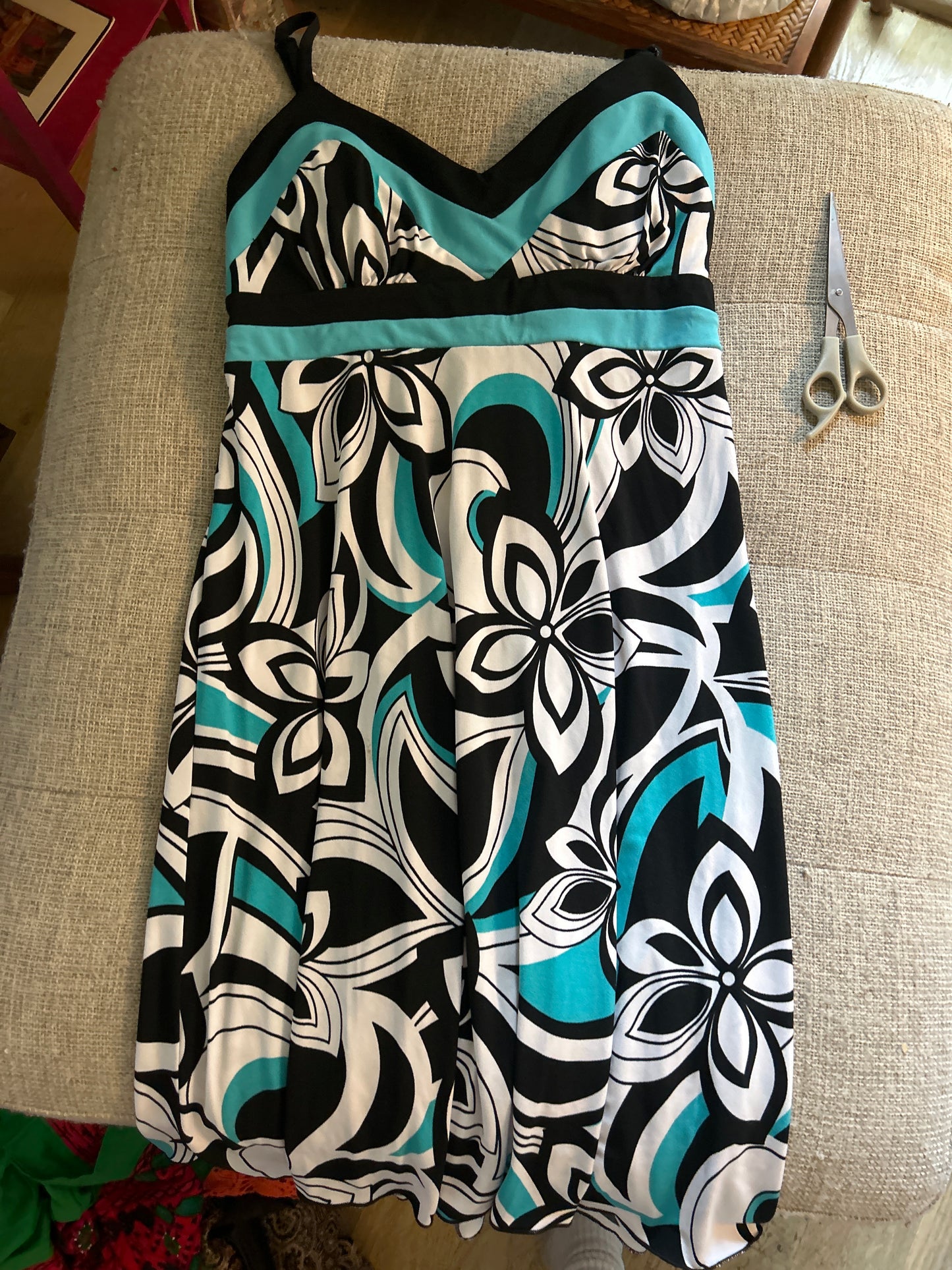 Teal, black, white floral dress