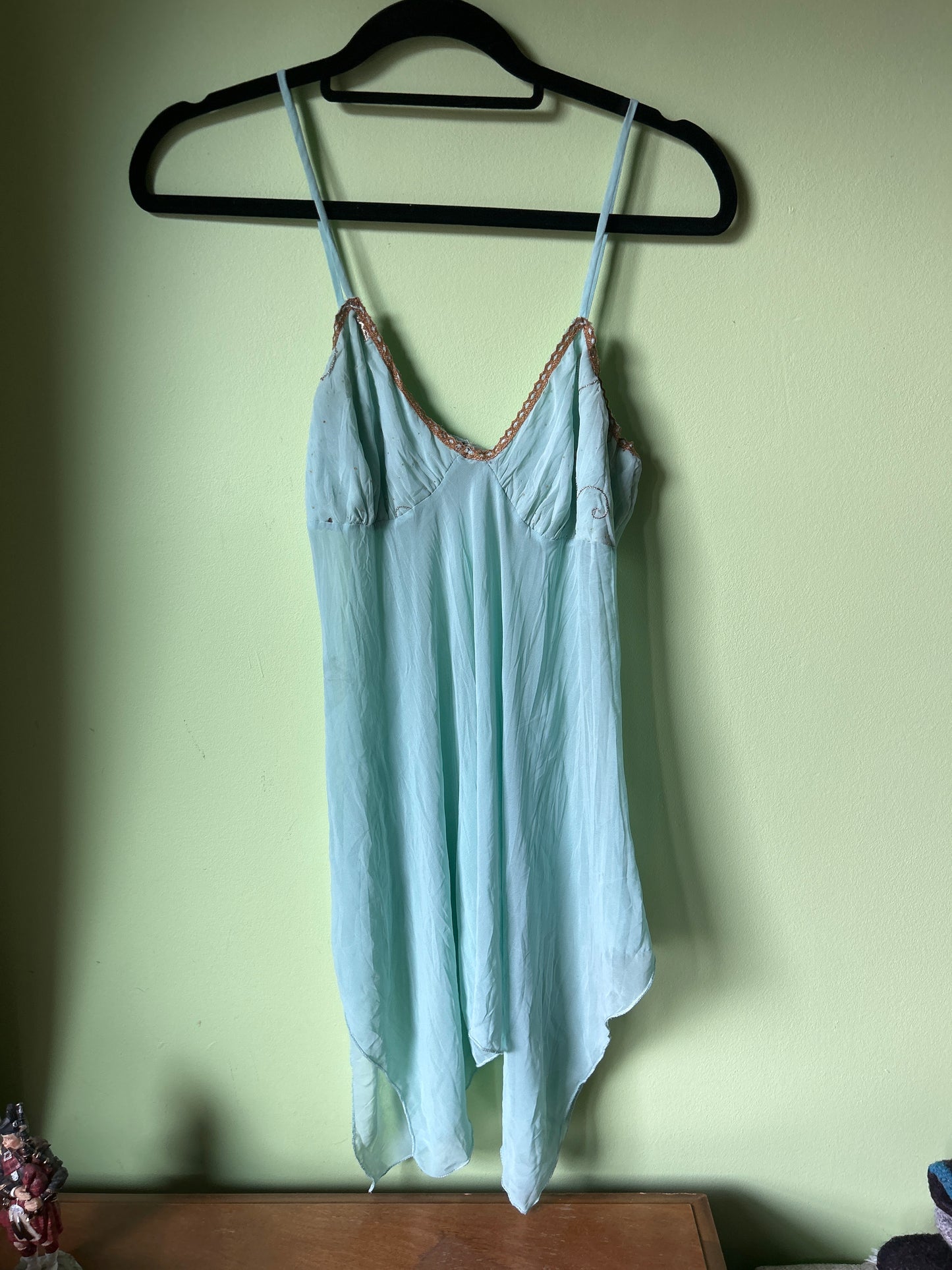teal fairy tank top/dress with gold trim