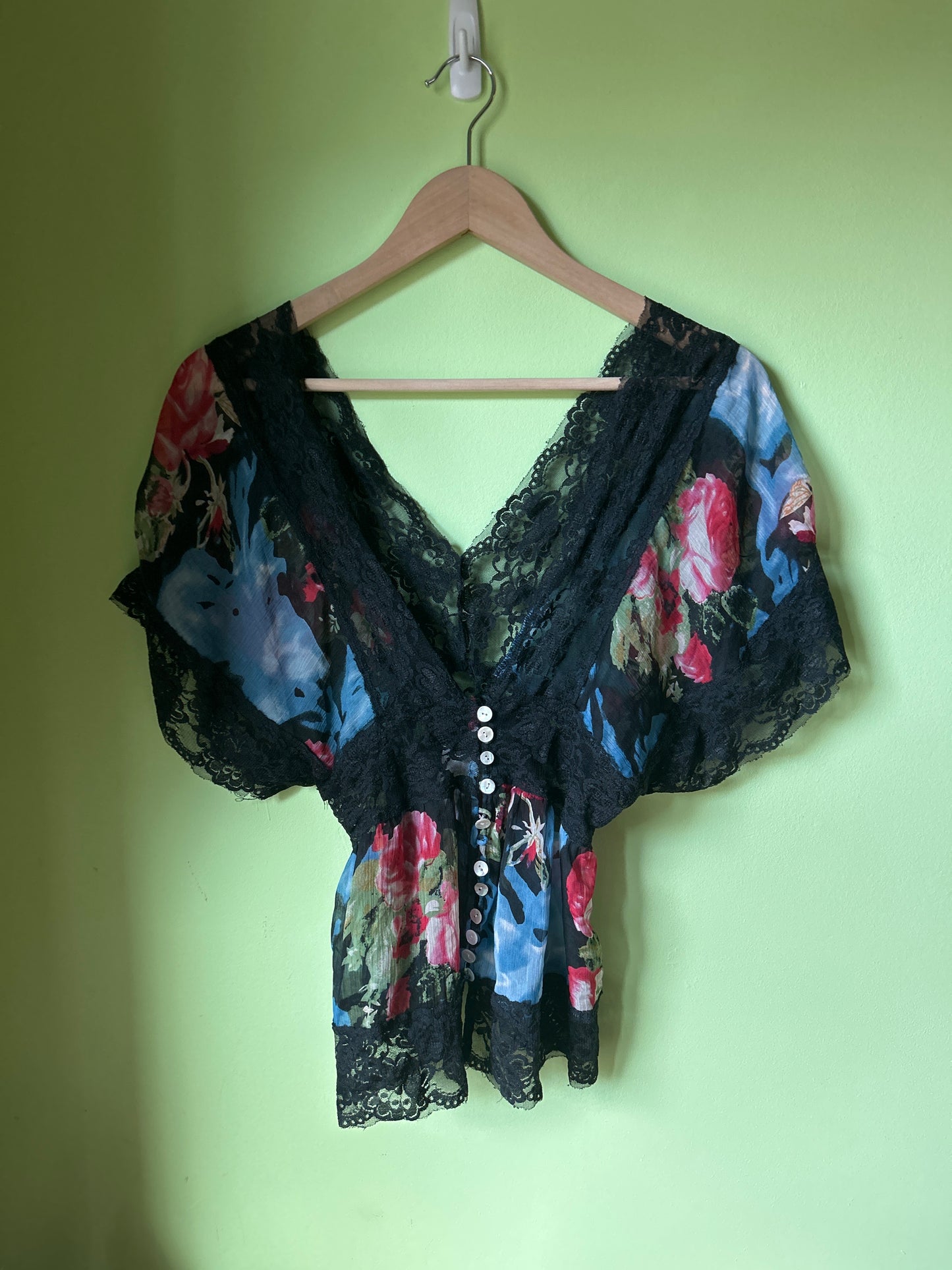sheer rose print top with lace trim
