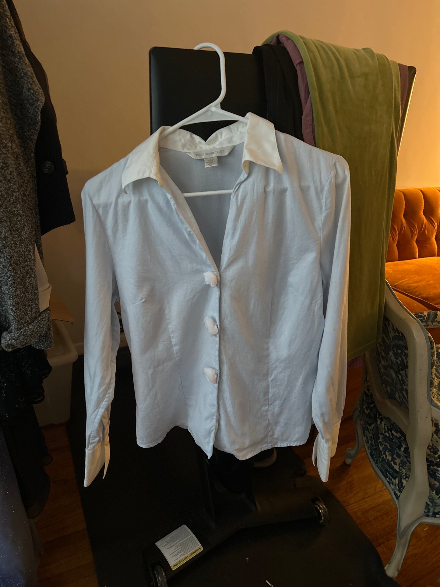 Pale blue button up with rose button detail
