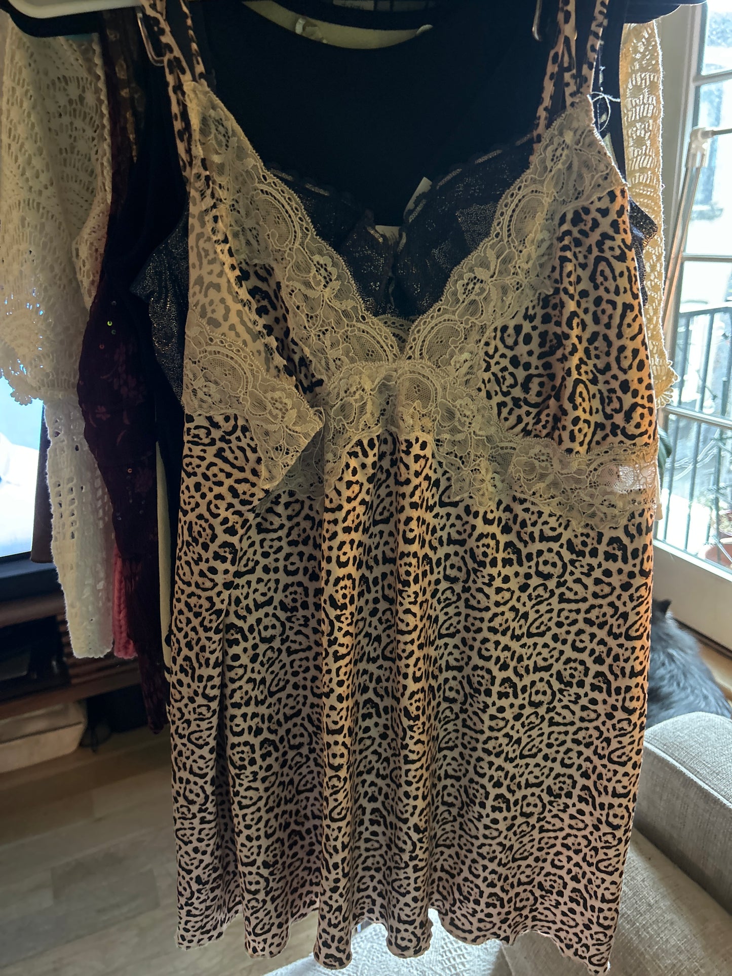 Leopard satin tank with lace
