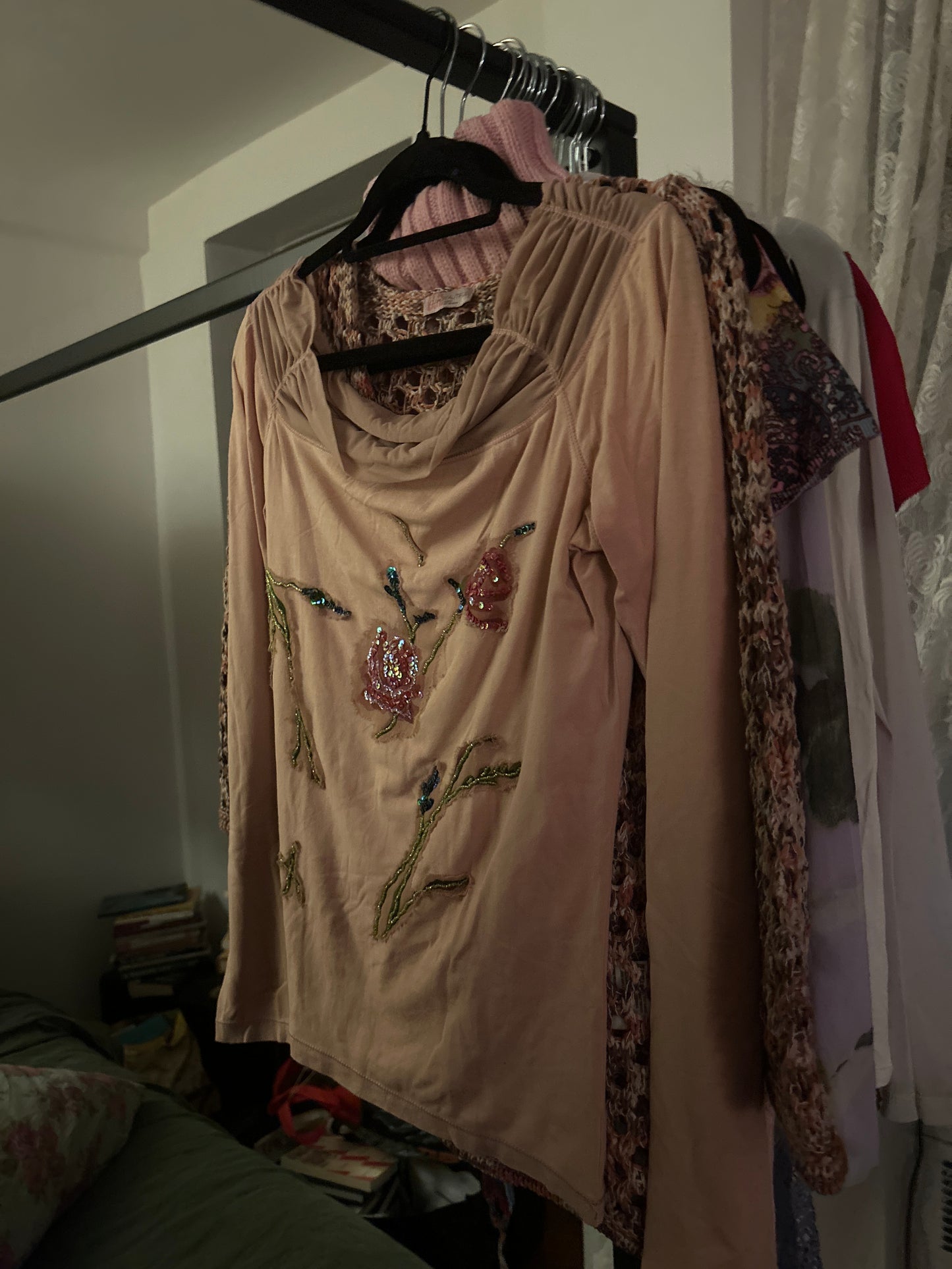 Pink long sleeve top with sequin roses