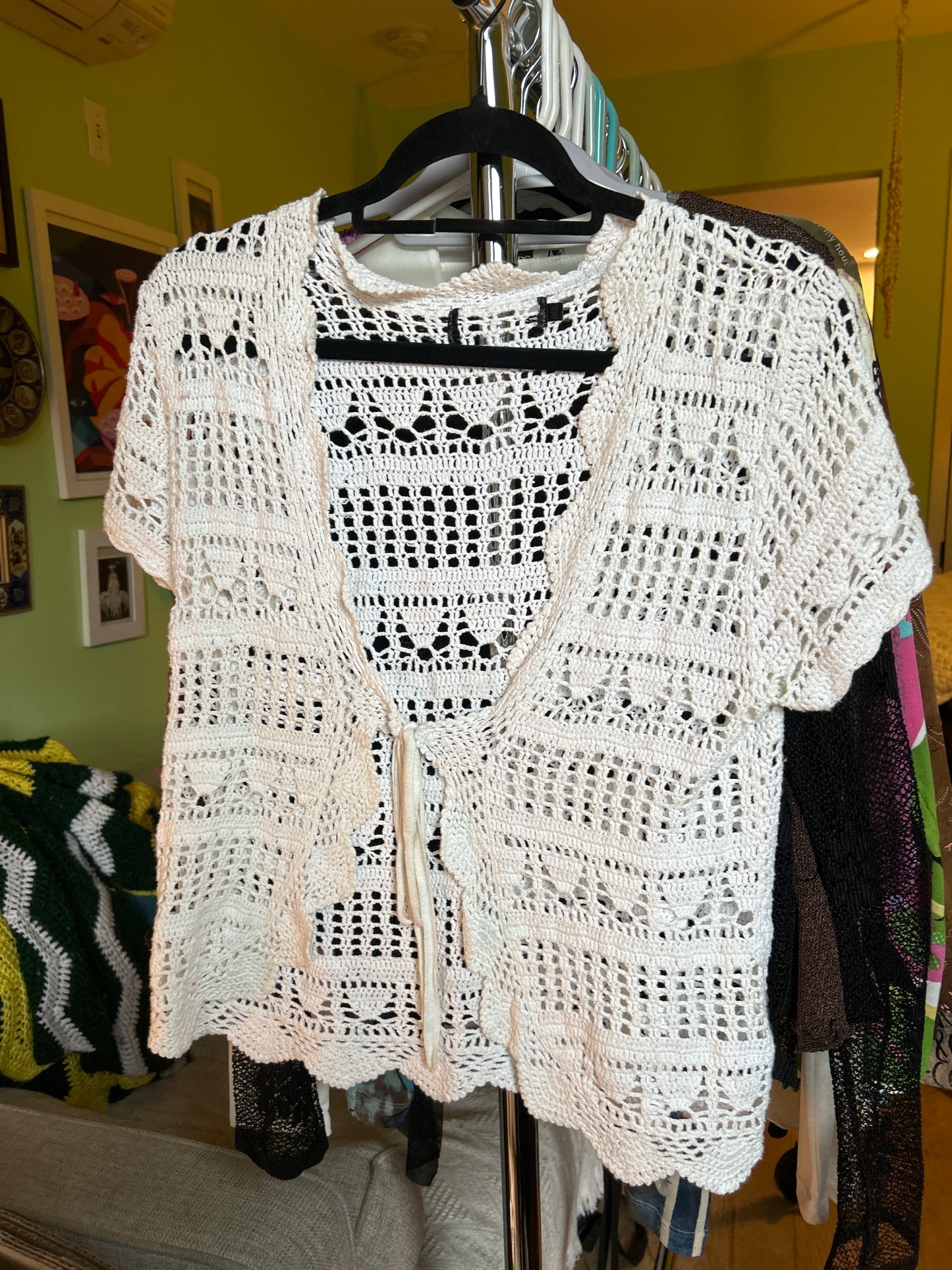 White crochet tie front top