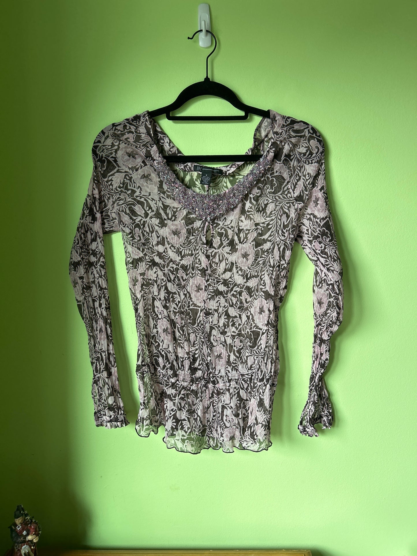 Sheer silk top with beaded neckline