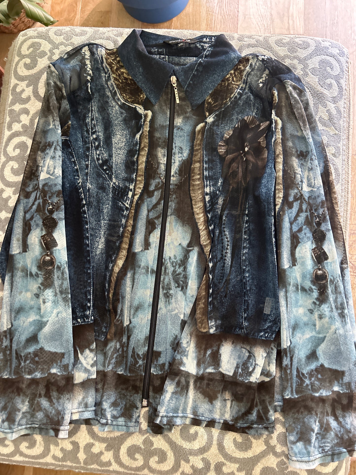 Sheer denim print zip up