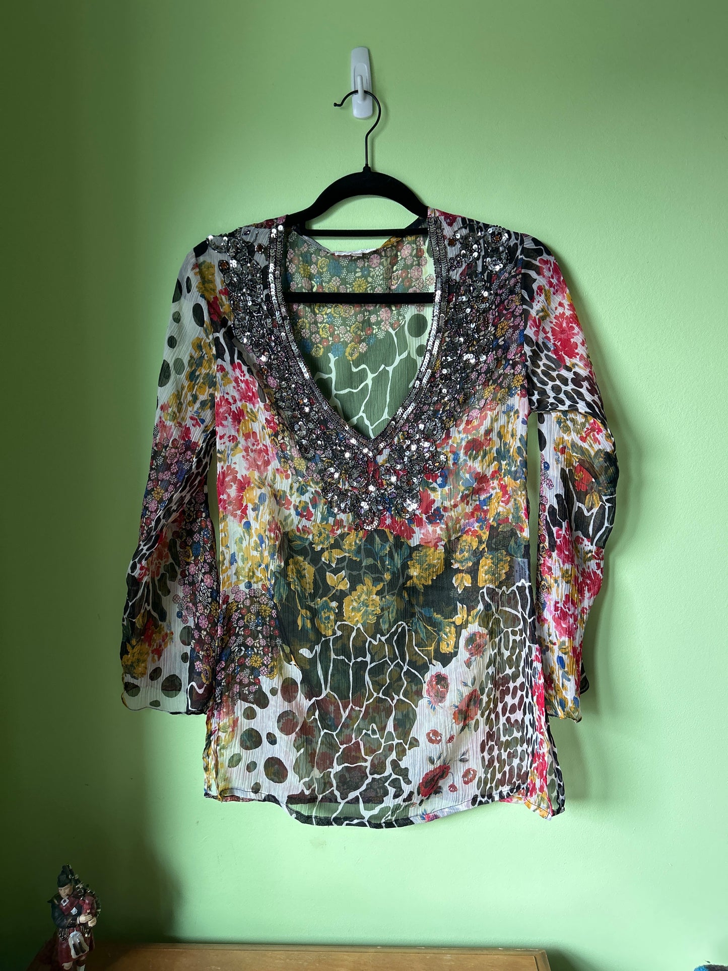 sheer maximalist floral top with sequin and bead details