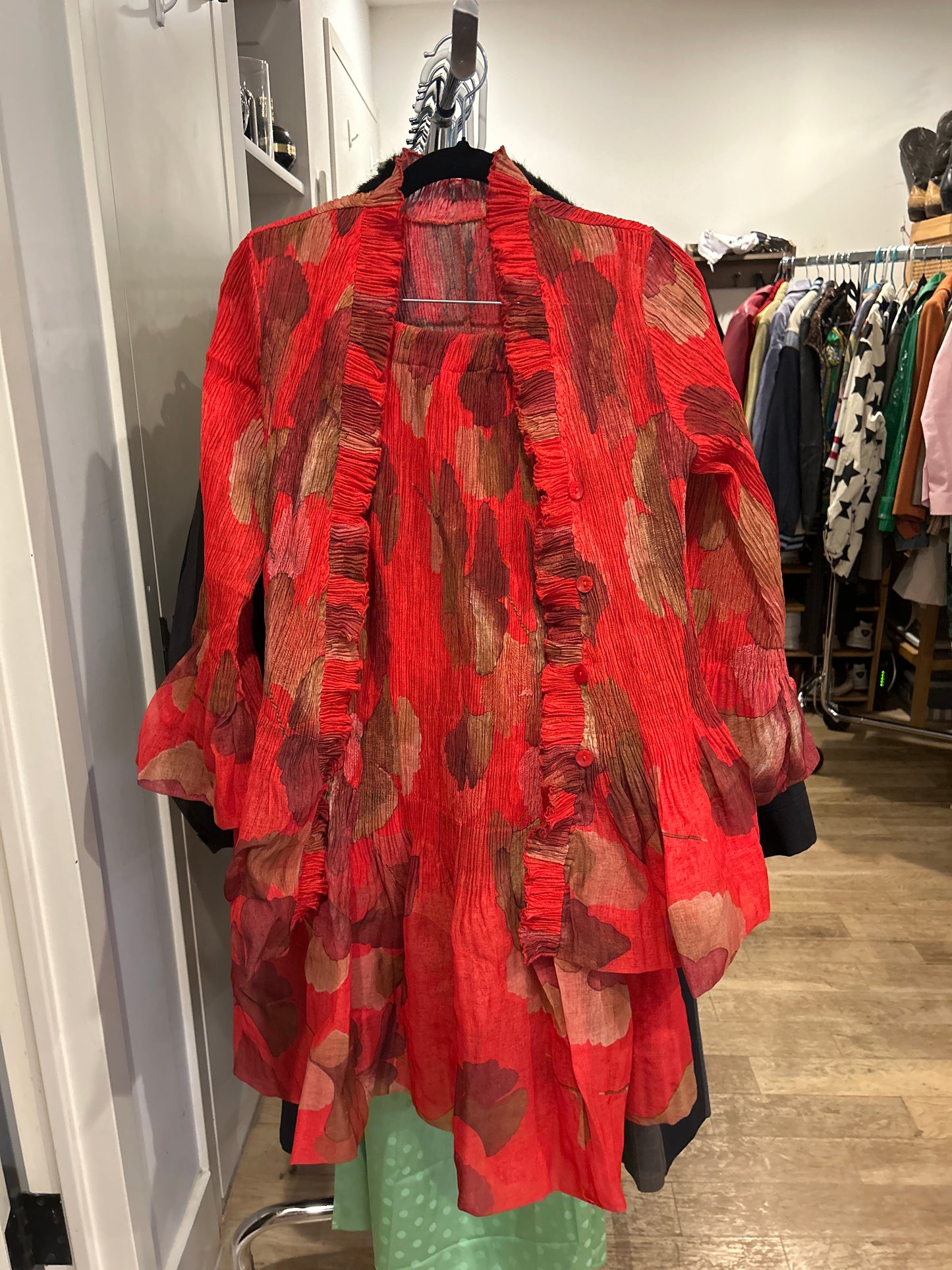 Red pleated button up top and skirt set