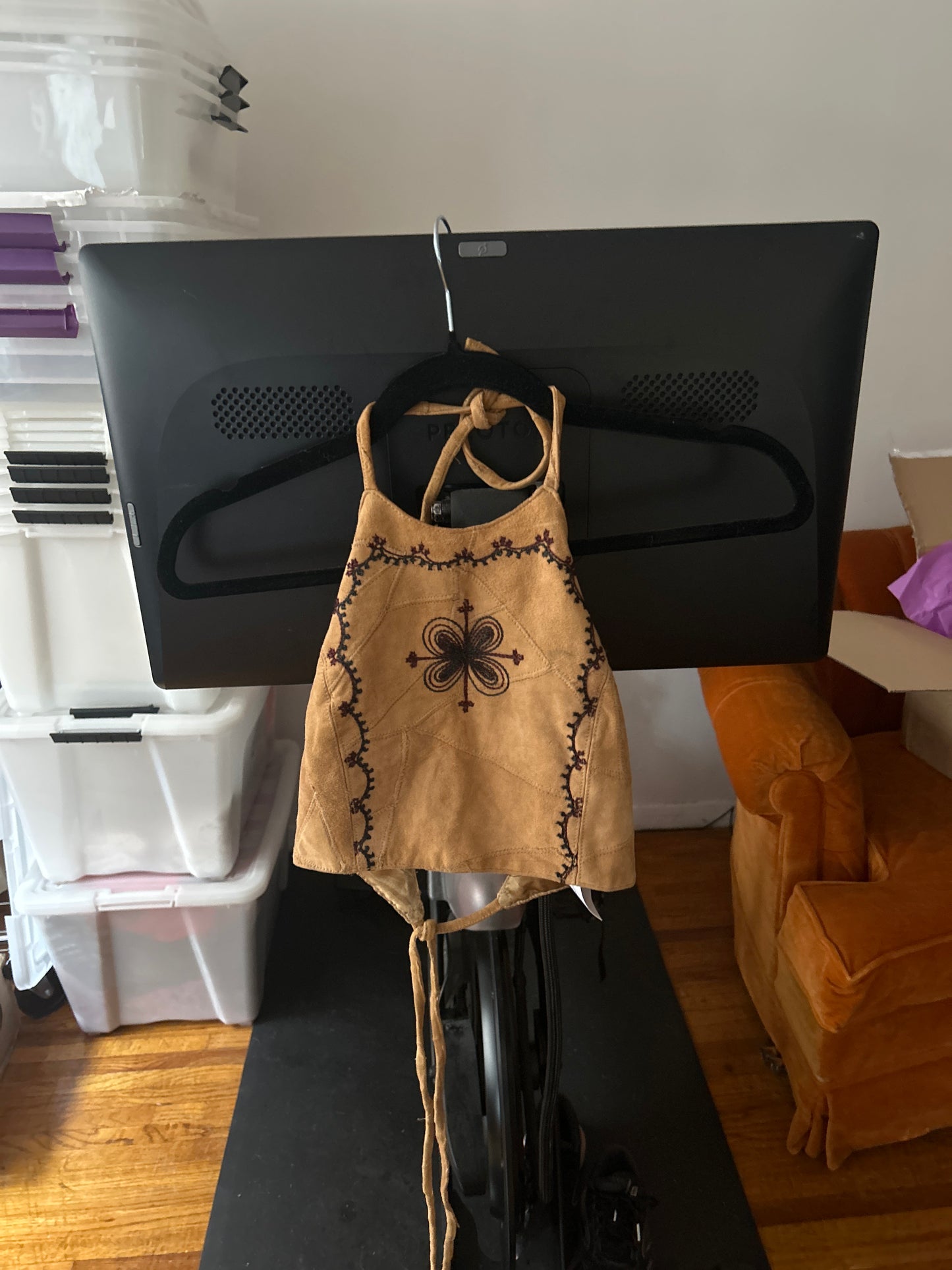 Leather embroidered halter top