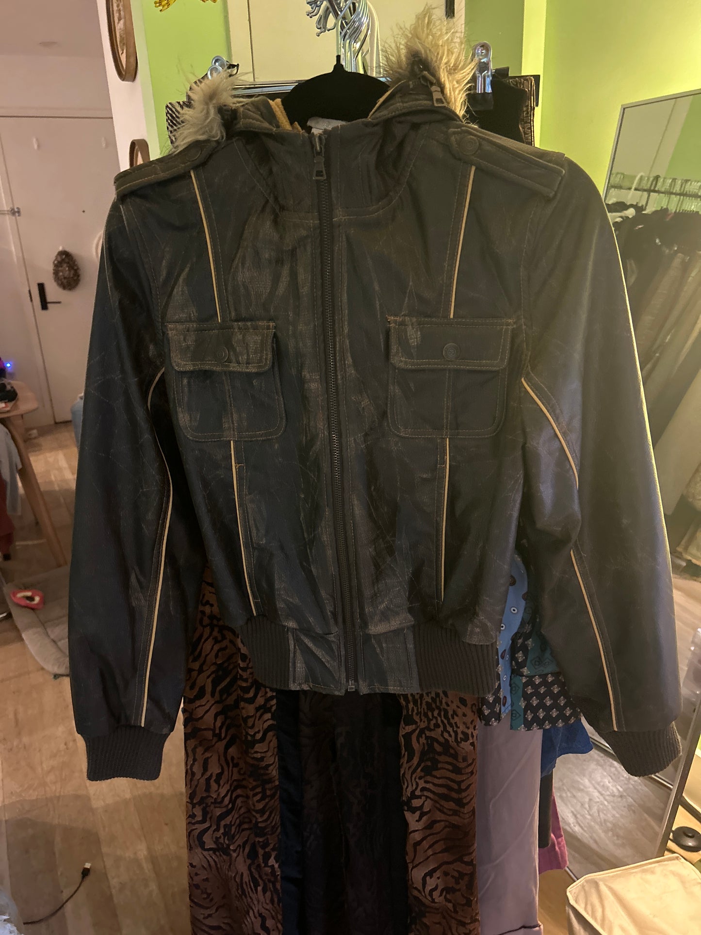 Brown distressed leather bomber