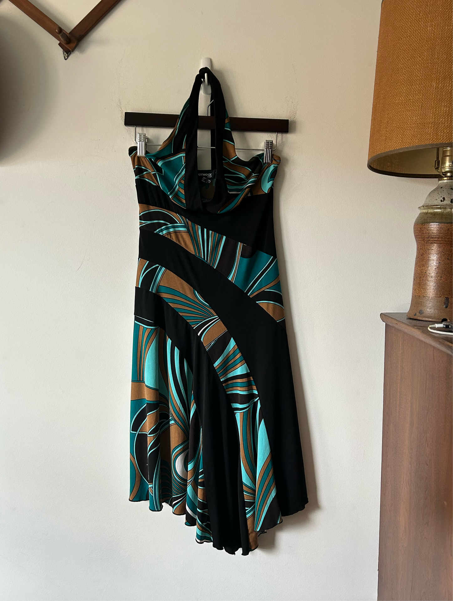 psychedelic 70s-style print halter dress