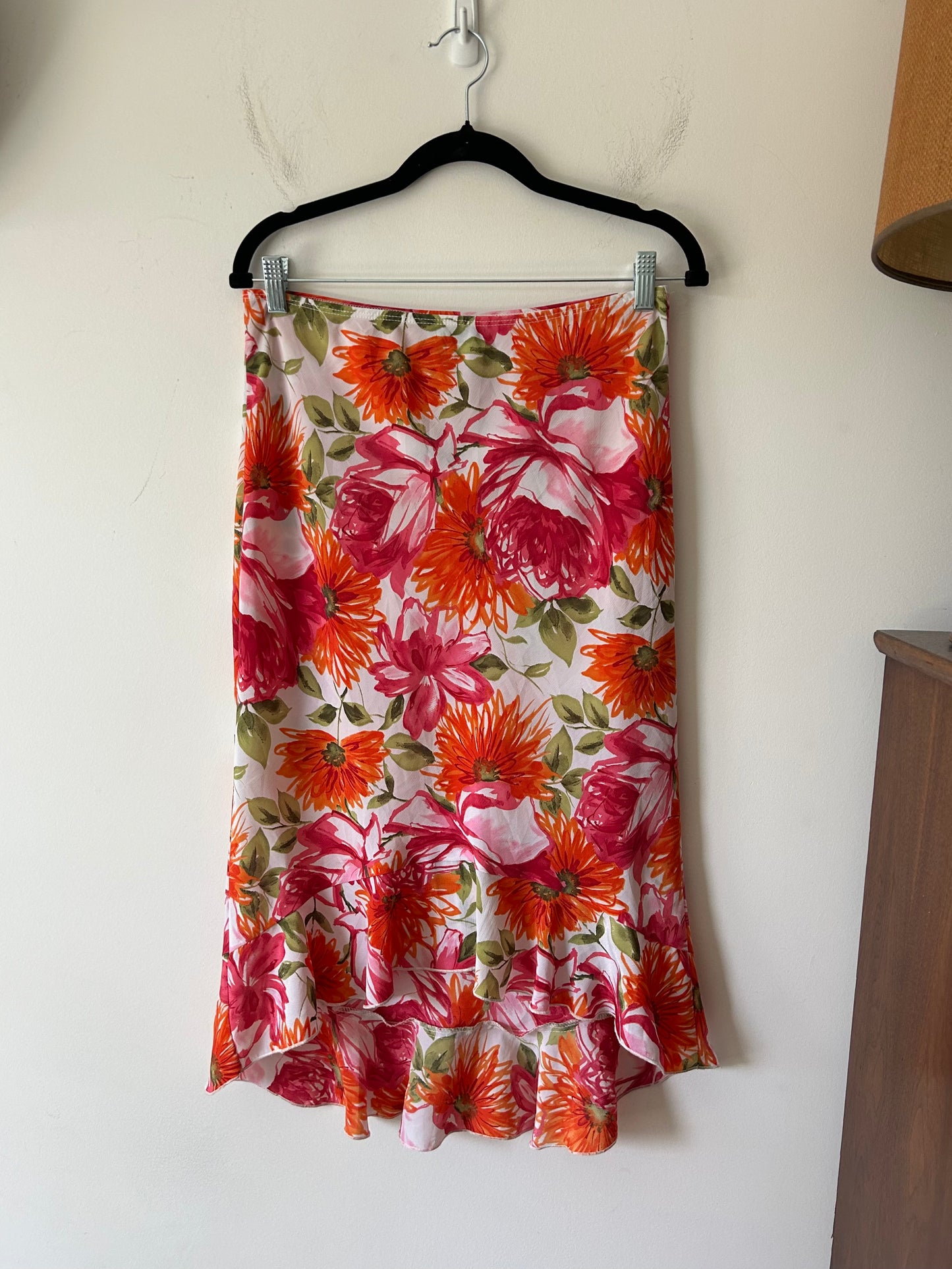 bright floral skirt with ruffled hem