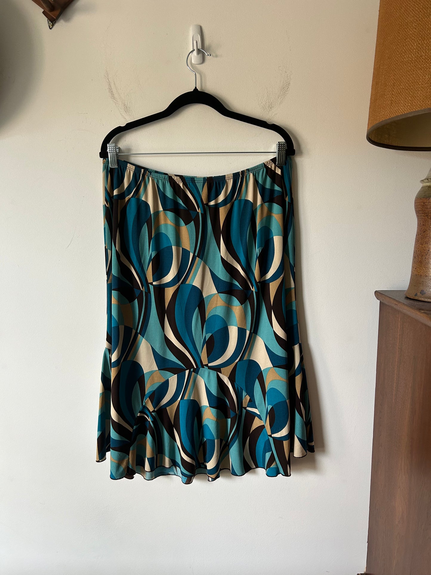 psychedelic blue and mocha print stretchy skirt