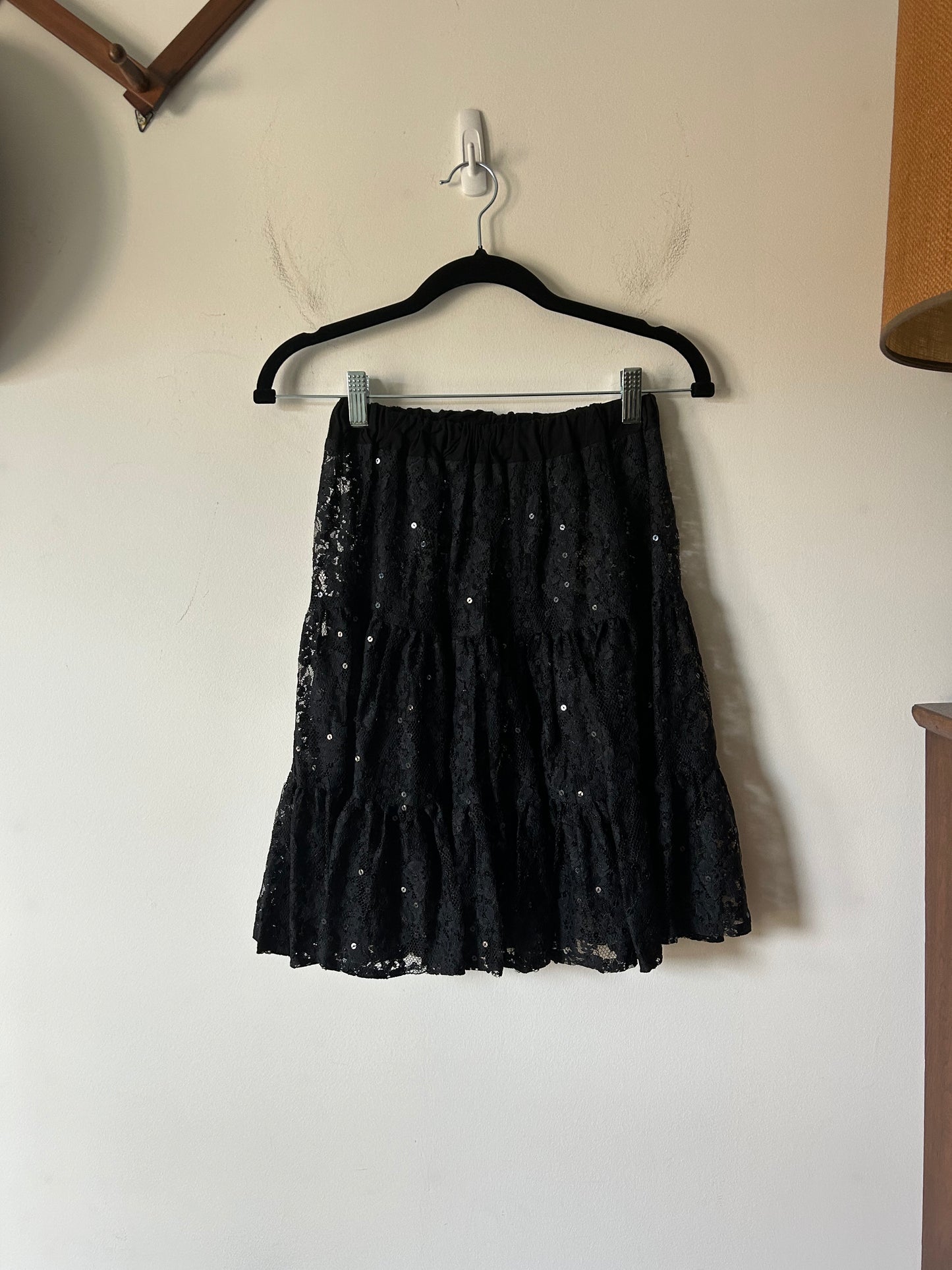 lace sheer sequined midi tiered black skirt