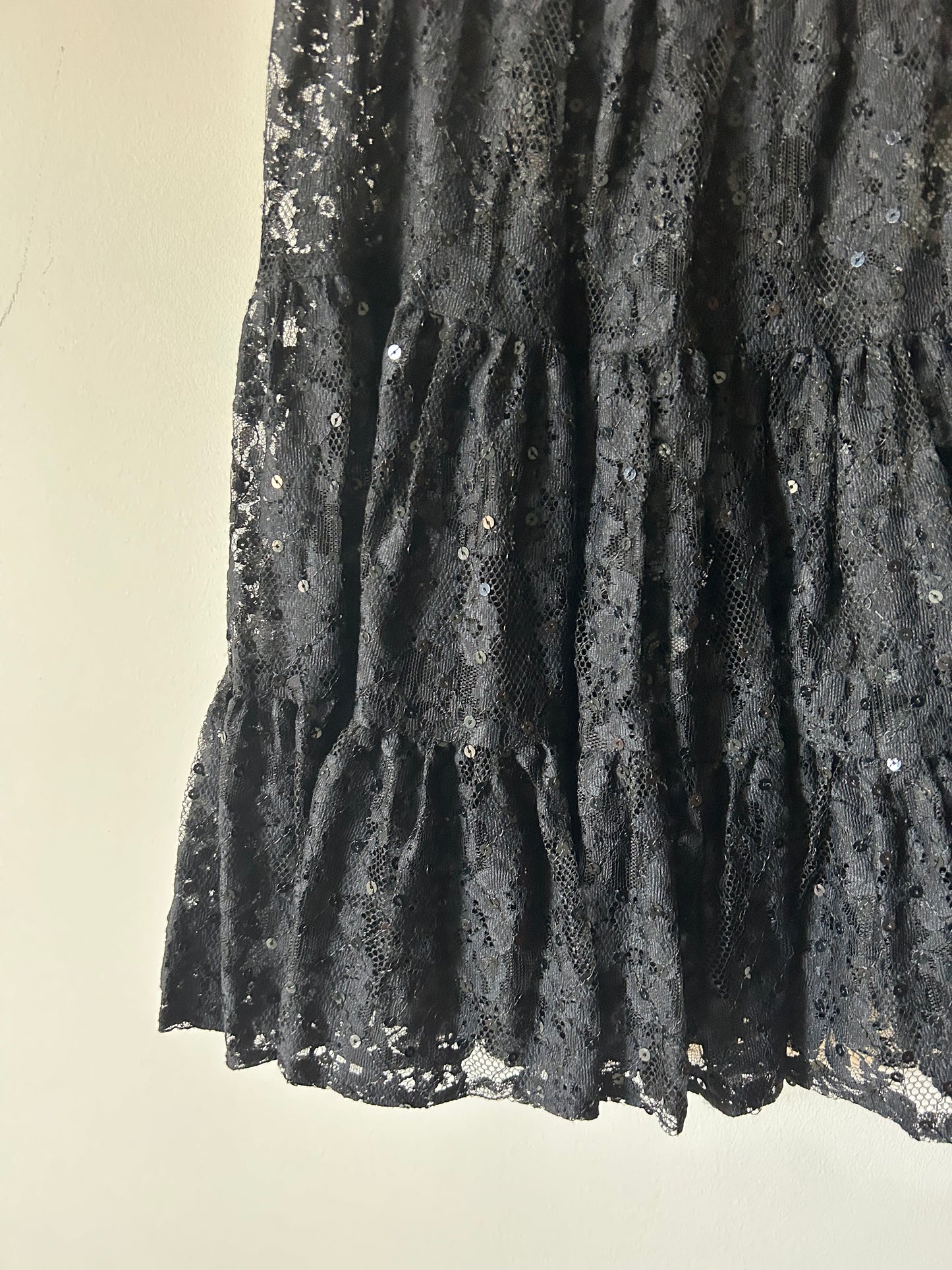 lace sheer sequined midi tiered black skirt