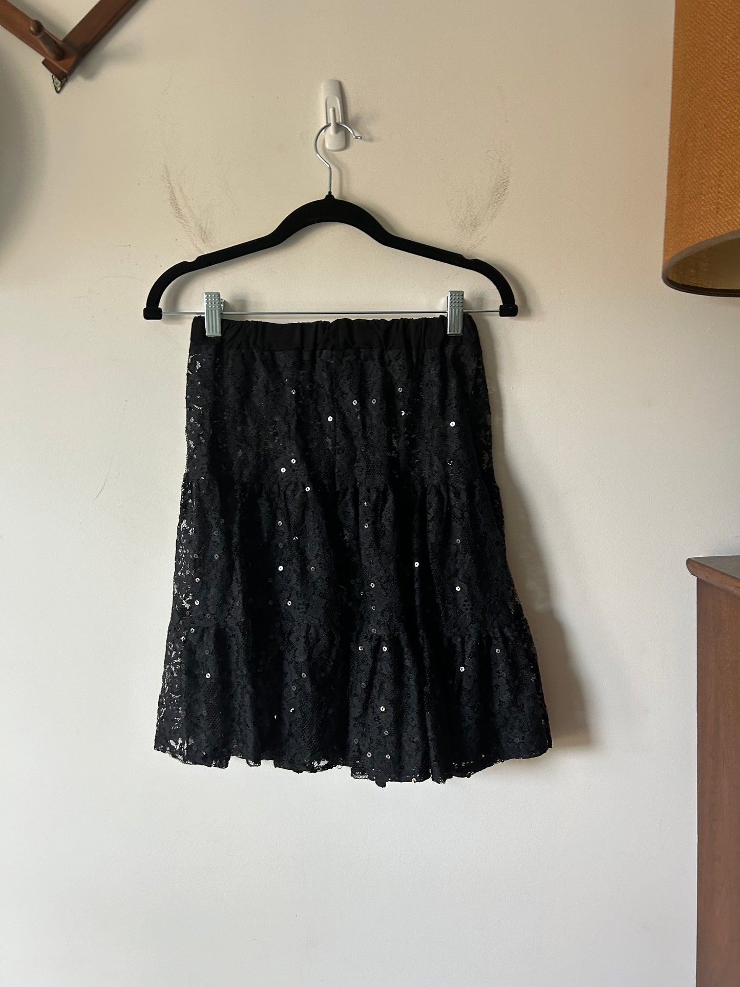 lace sheer sequined midi tiered black skirt