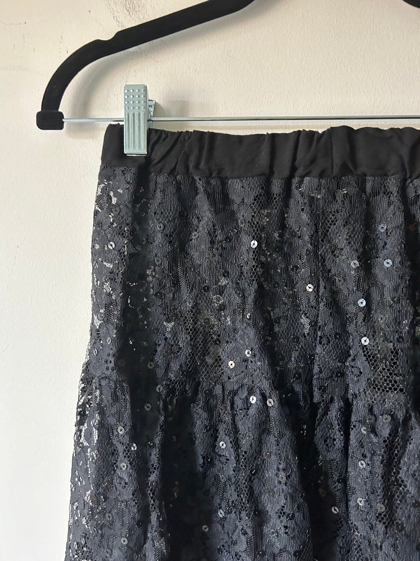 lace sheer sequined midi tiered black skirt