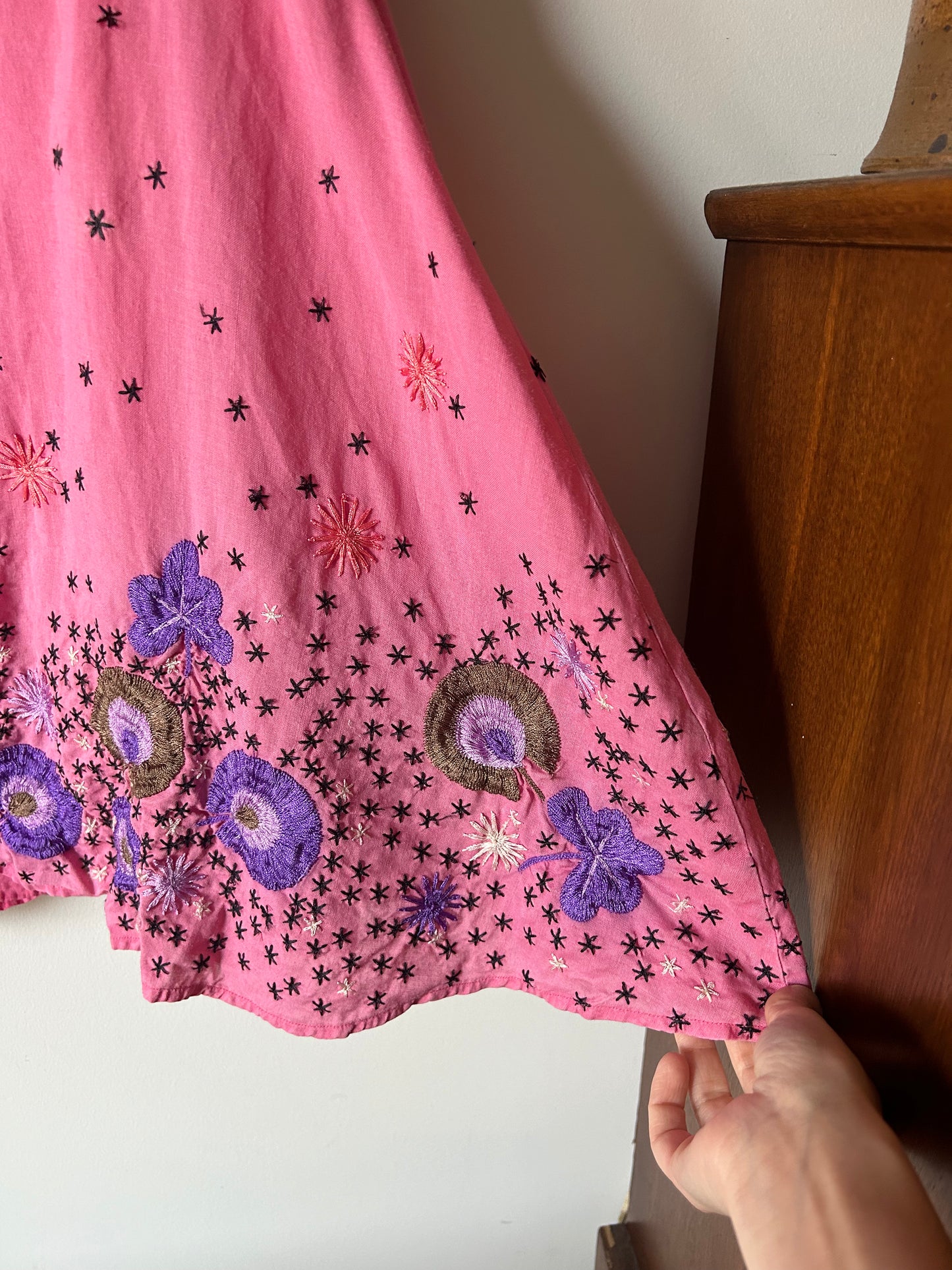 pink linen embroidered skirt