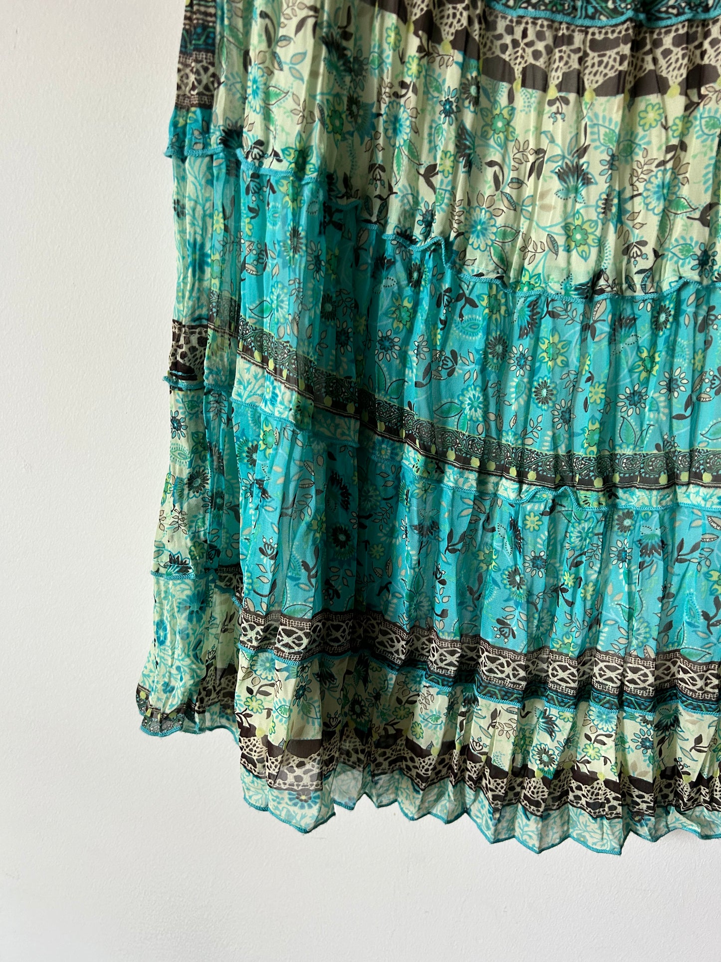 pleated tiered skirt in lime green and aqua