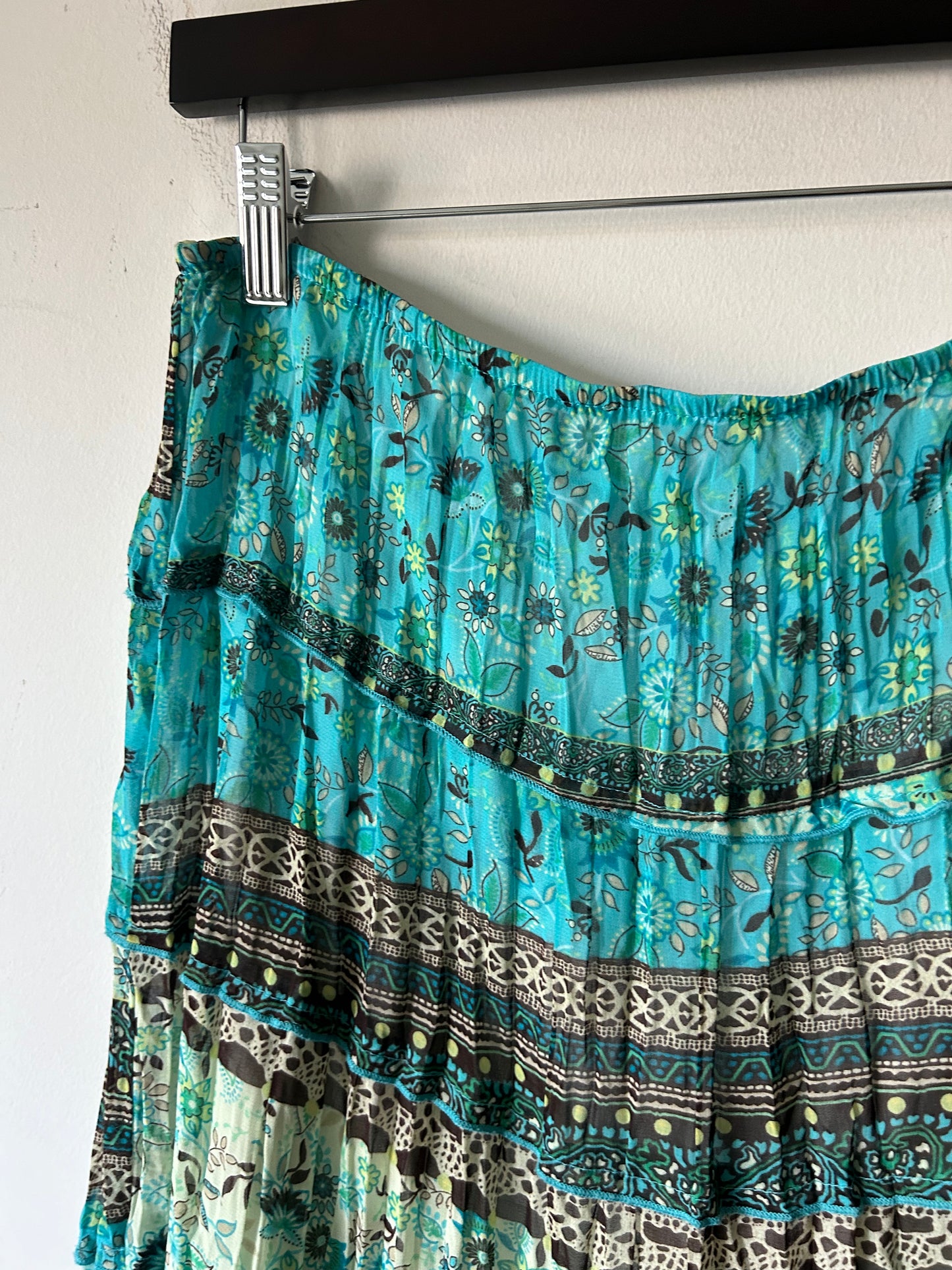 pleated tiered skirt in lime green and aqua