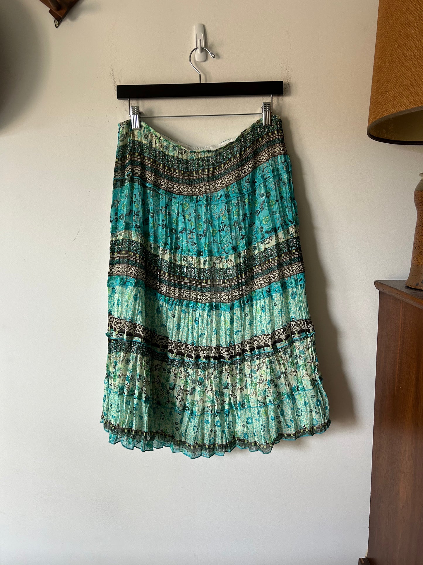 pleated tiered skirt in lime green and aqua