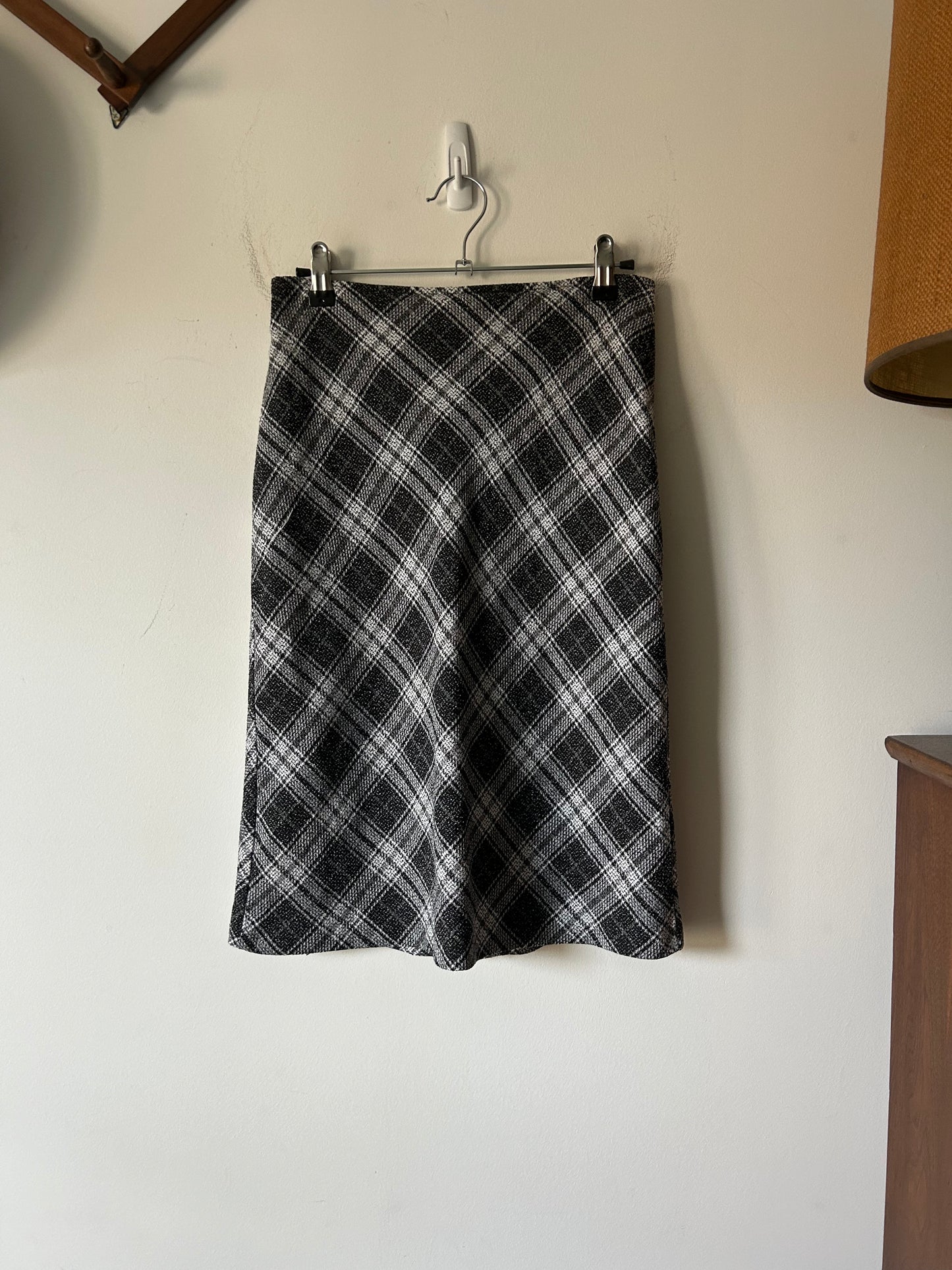 charcoal gray plaid midi pencil skirt