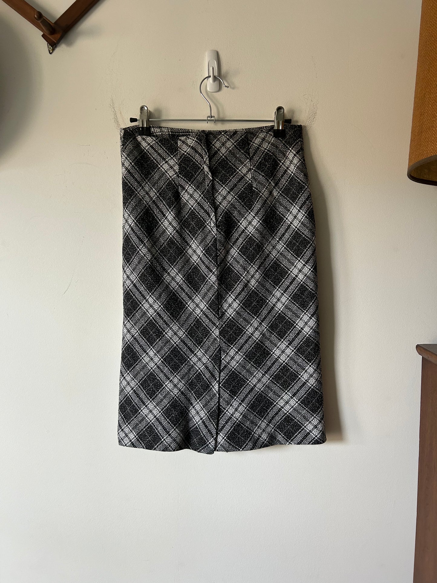 charcoal gray plaid midi pencil skirt