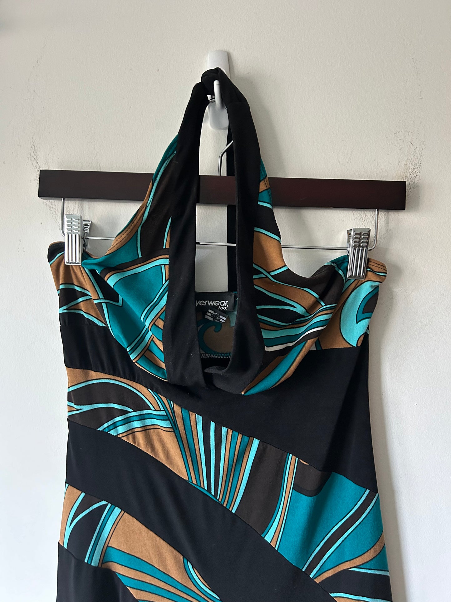 psychedelic 70s-style print halter dress