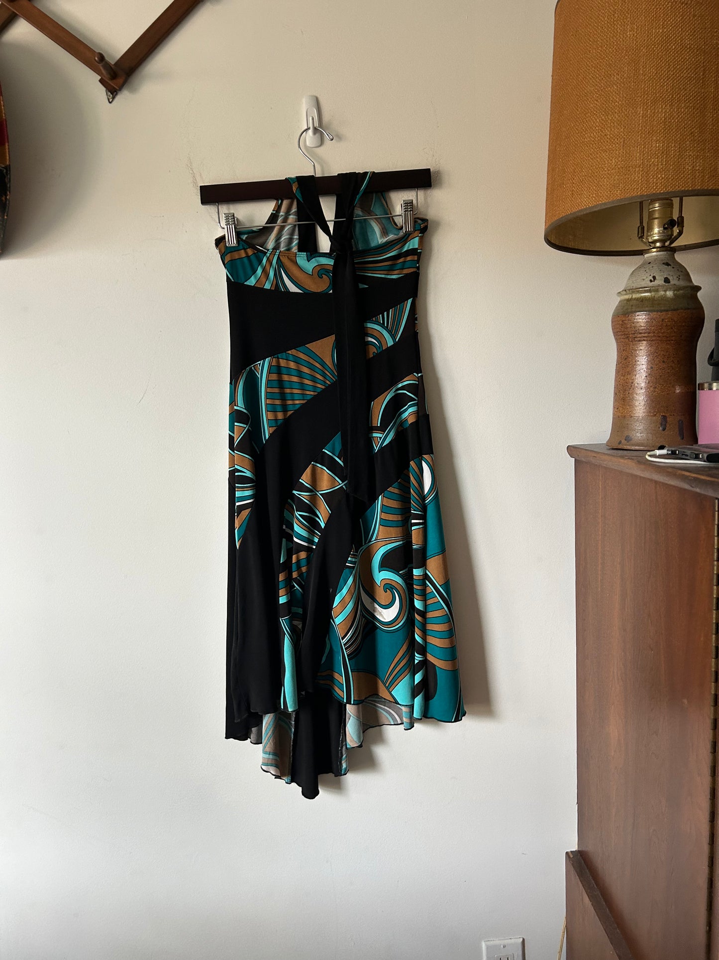 psychedelic 70s-style print halter dress