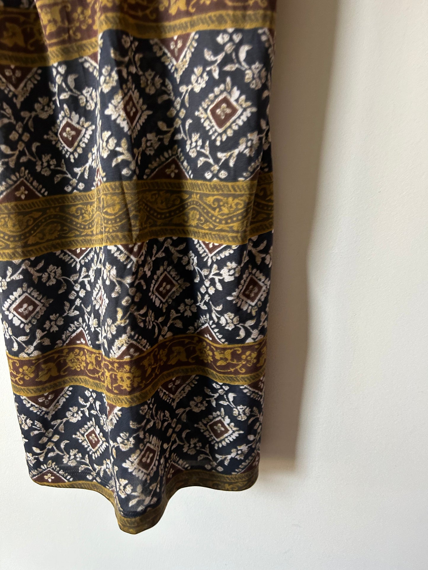 navy/mocha printed dress with beaded strap