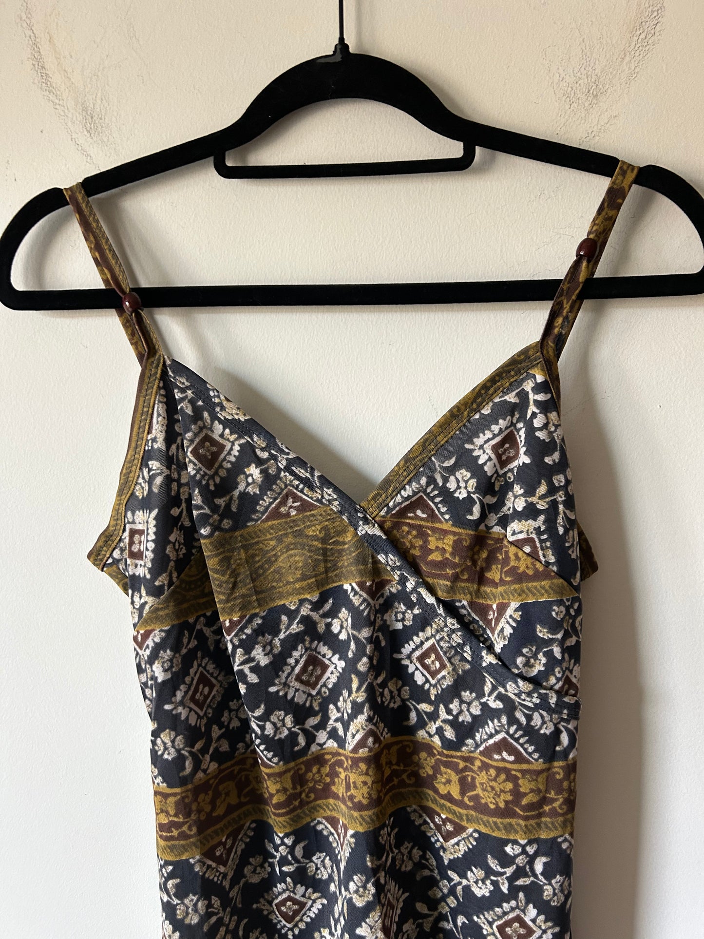 navy/mocha printed dress with beaded strap
