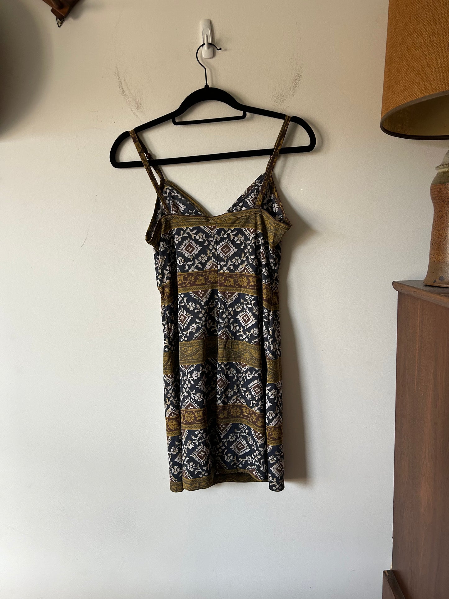 navy/mocha printed dress with beaded strap