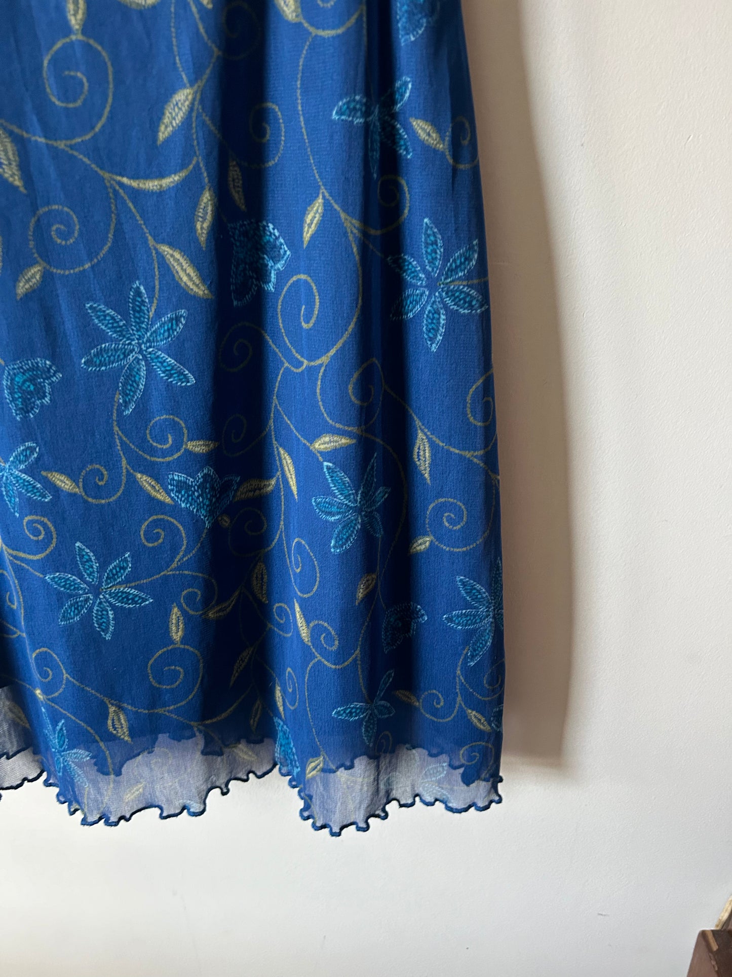 blue ruched floral print dress