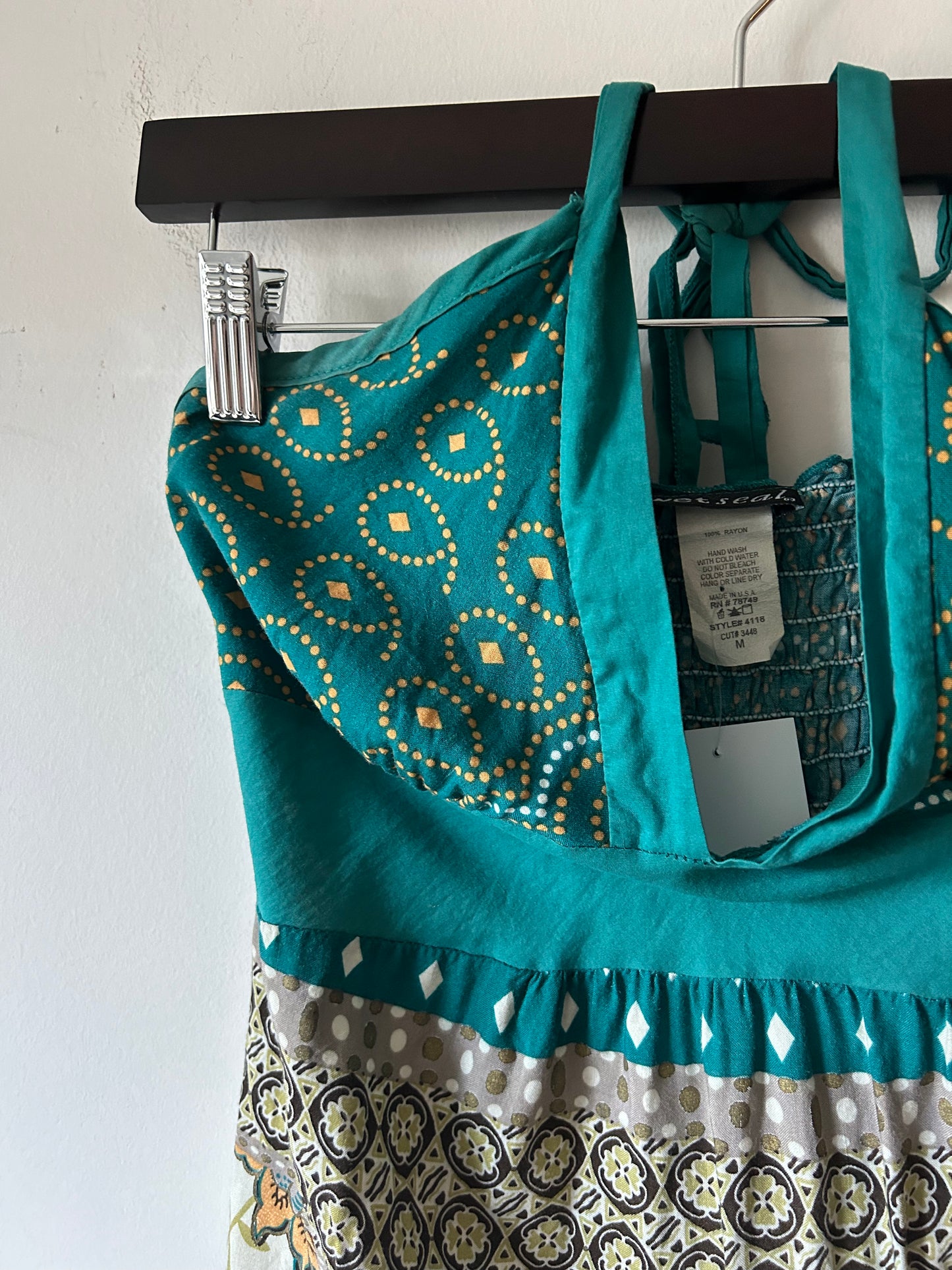 tropical floral print halter top with smocked bust