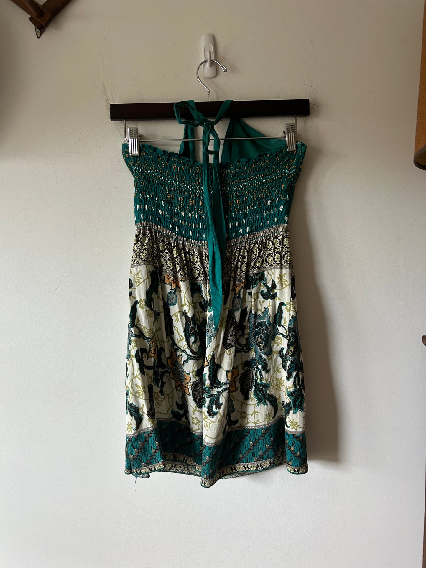 tropical floral print halter top with smocked bust