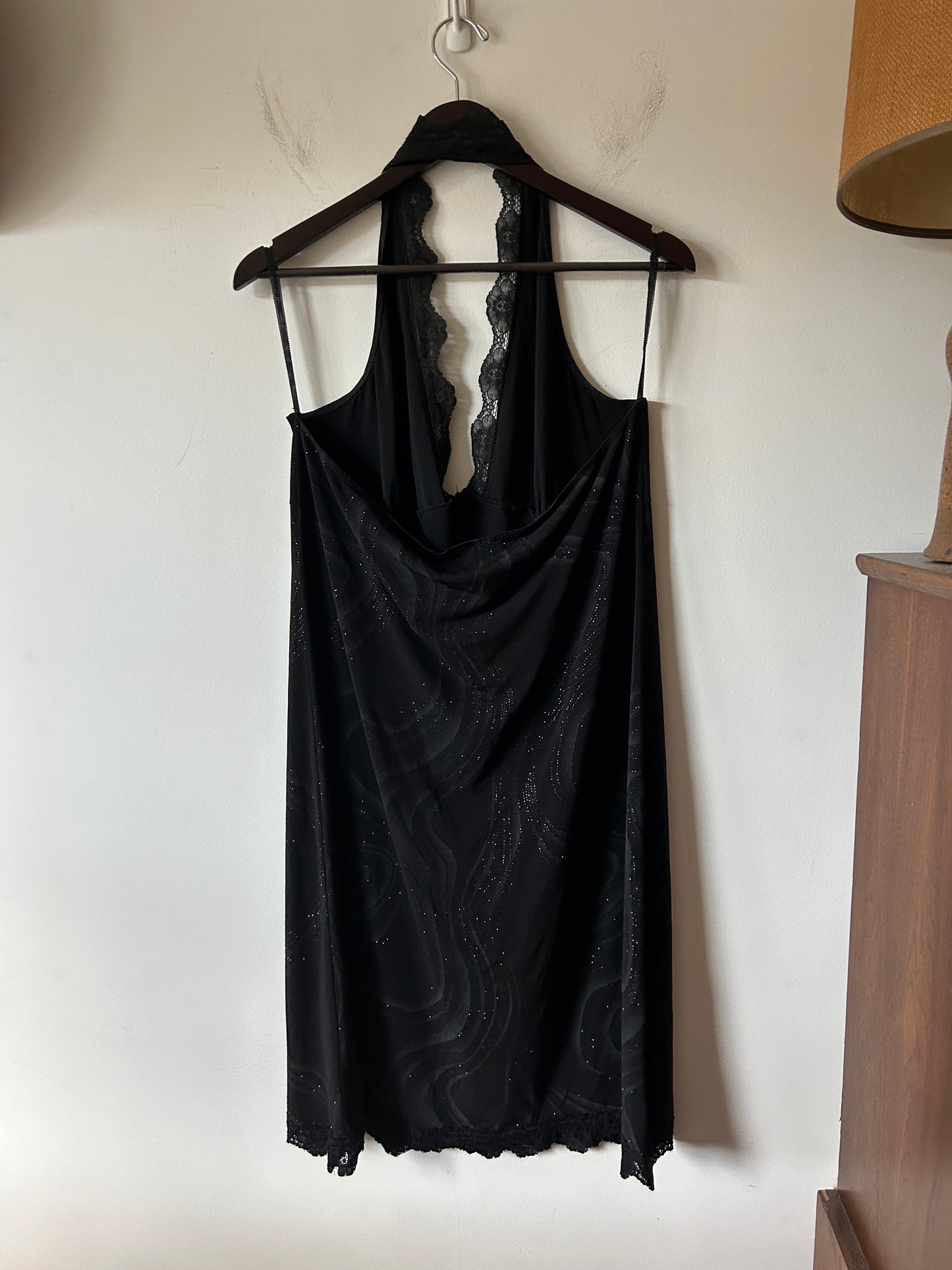 black halter dress with lace and glitter details